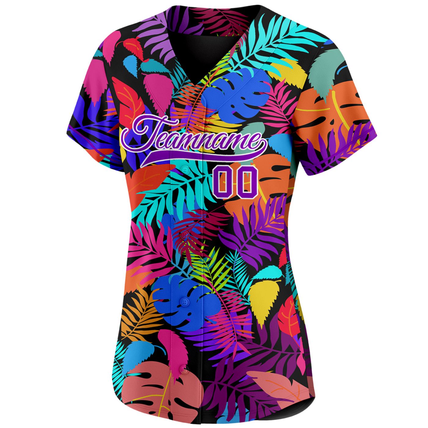 Women's custom baseball jersey with vibrant multicolor tropical leaf print on black base, personalized team name and number, breathable fabric for sports and casual wear