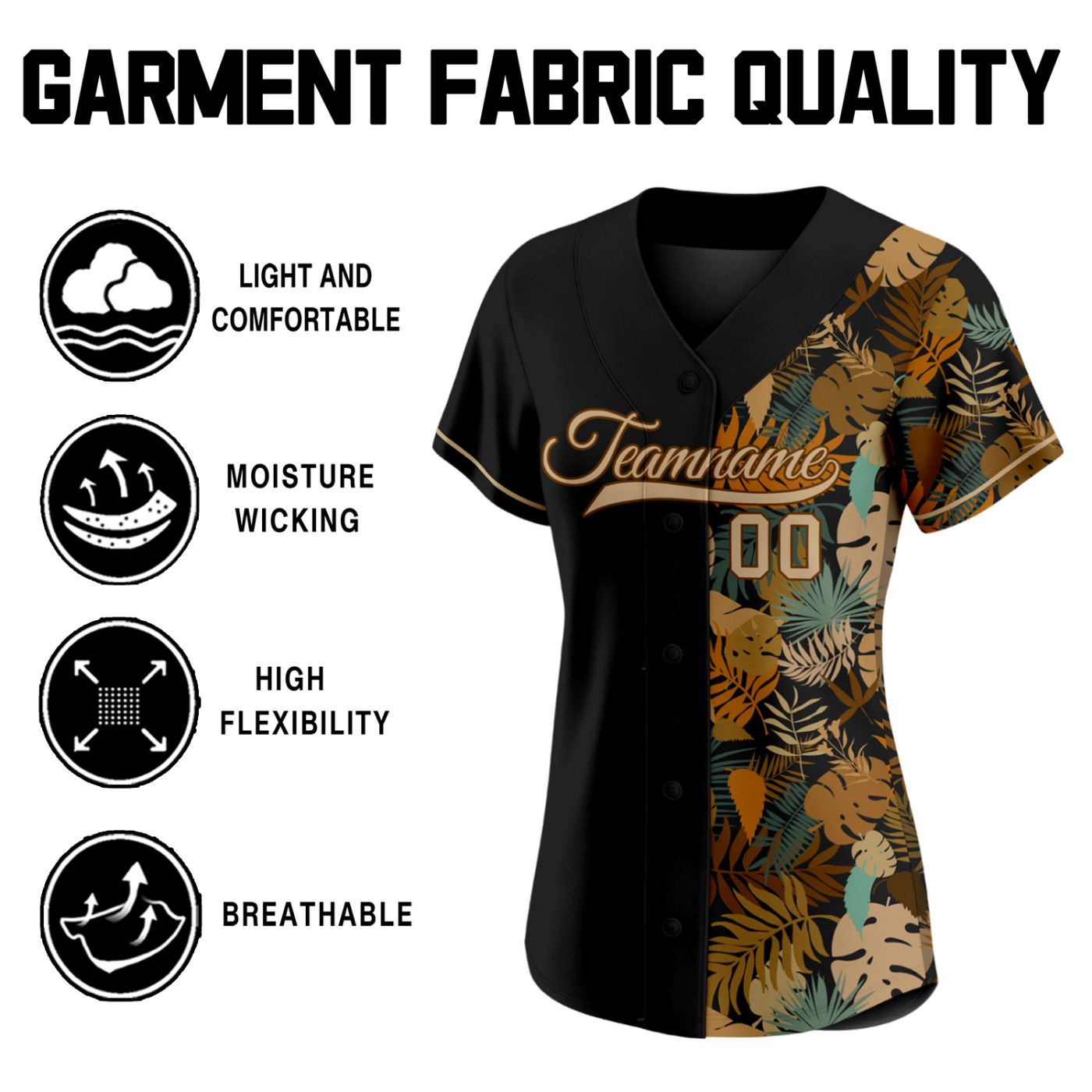 Women's Custom Split Half Black Half Tropical Leaf Baseball Jersey - Personalized Team Uniform with Name & Number