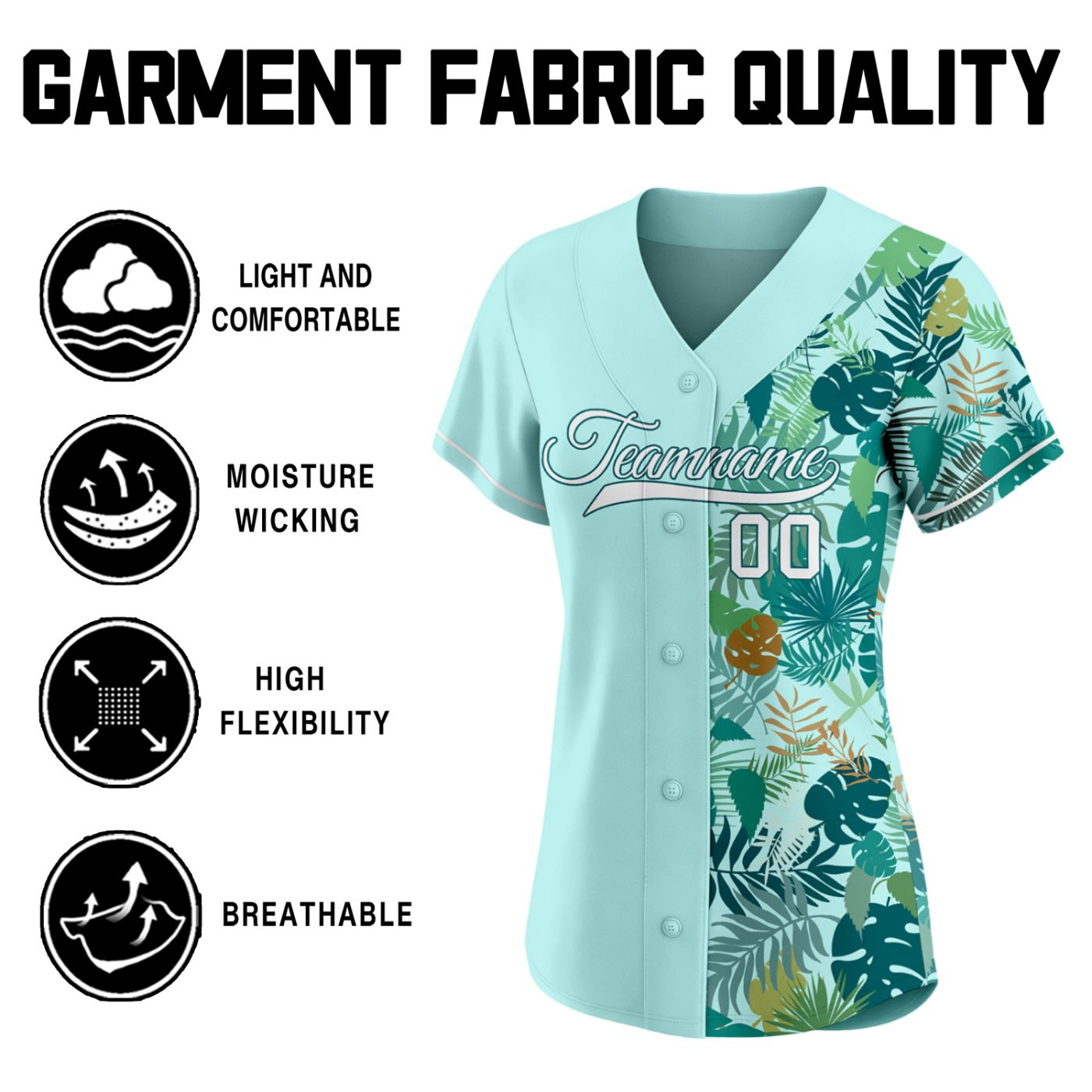 Women's Custom Split Half Mint Green Half Tropical Leaf Baseball Jersey - Personalized Team Uniform with Name & Number