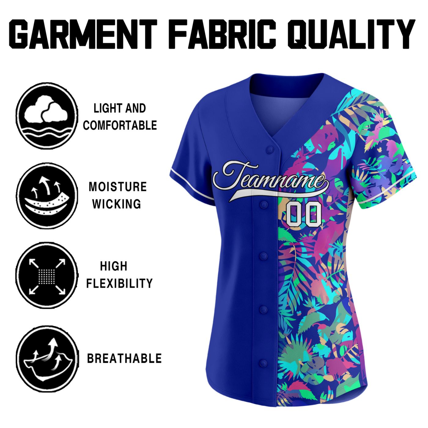Women's Custom Split Half Solid Blue Half Tropical Baseball Jersey - Personalized Team Uniform with Name & Number