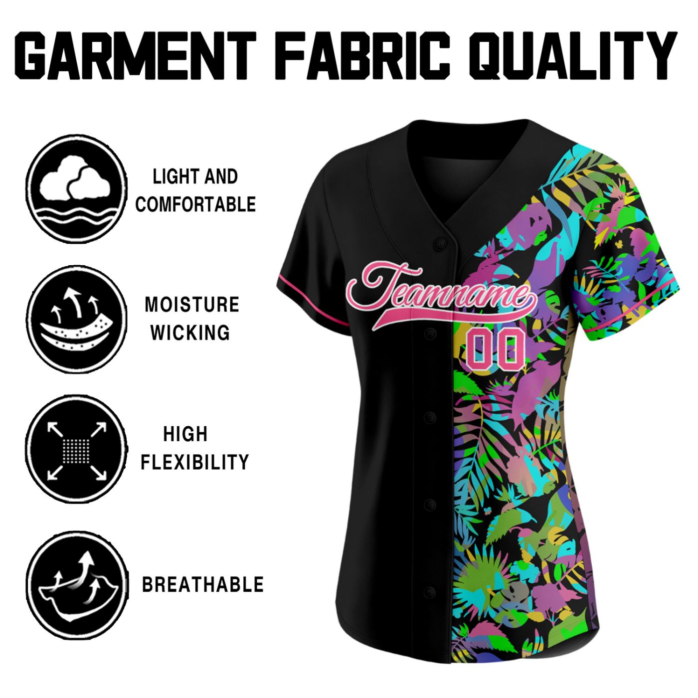 Women's Custom Hawaiian Tropical Floral Baseball Jersey - Personalized Black Pink Team Uniform with Name & Number