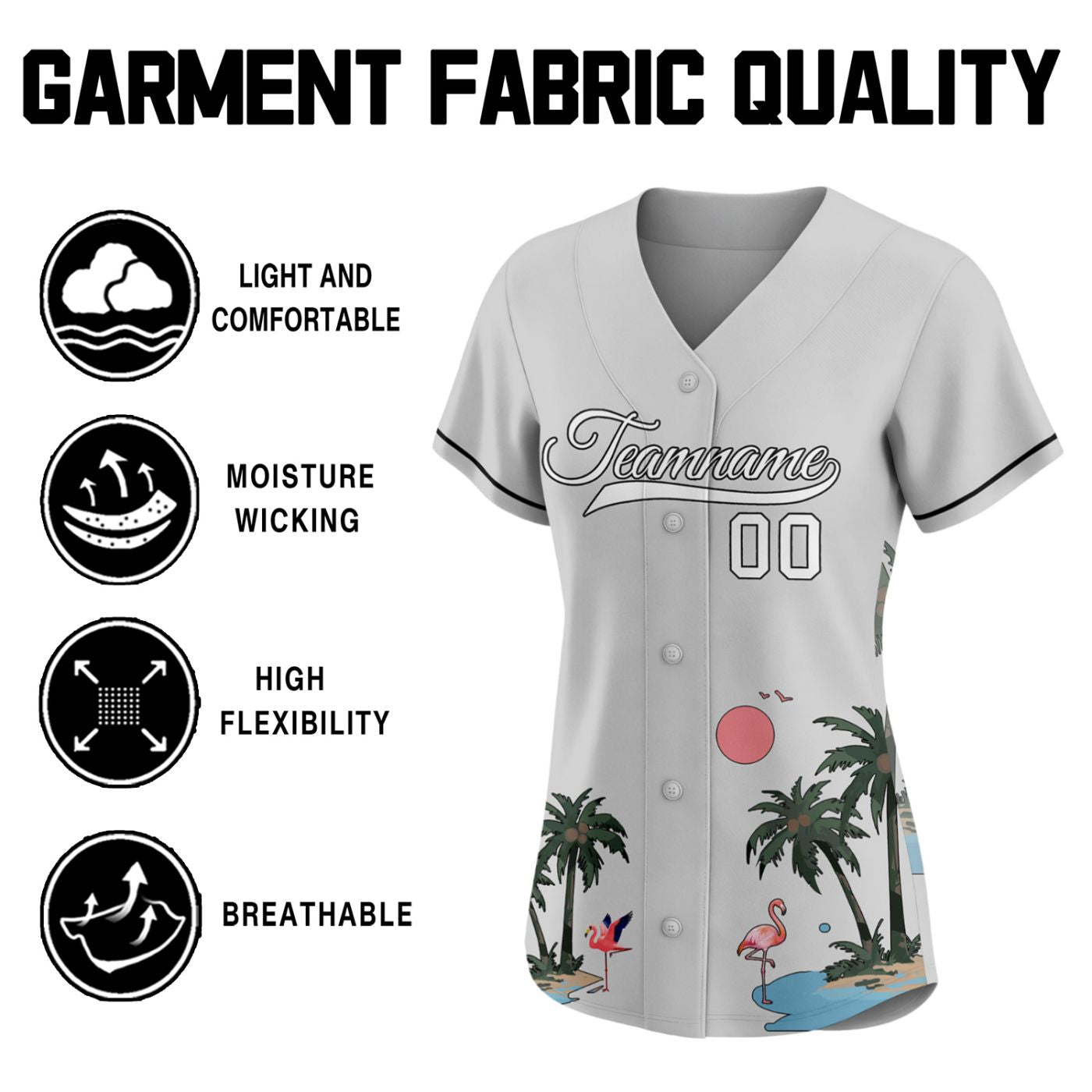 Women's Custom Light Gray Flamingo & Palm Tree Tropical Baseball Jersey - Personalized Team Uniform with Name & Number