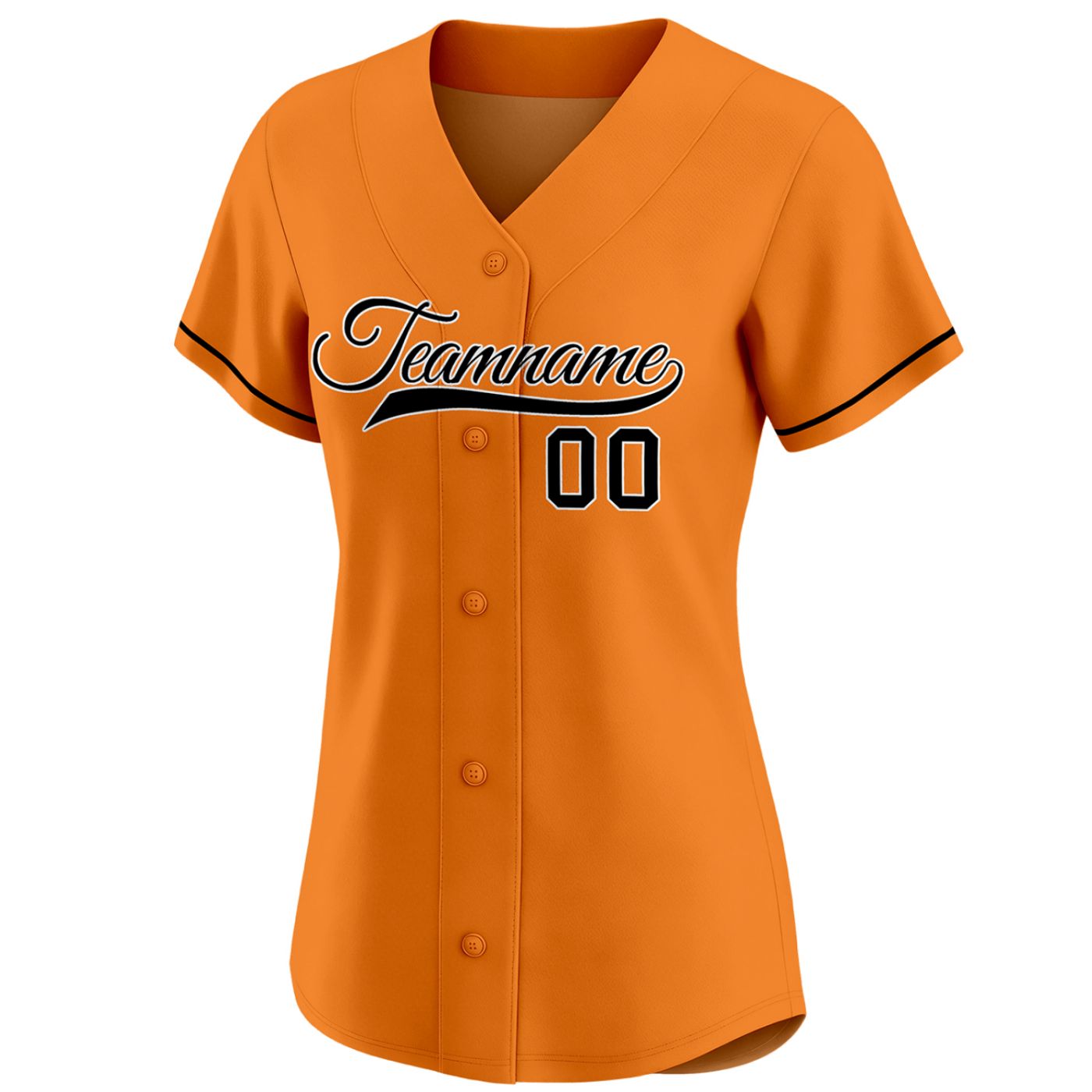 Custom women's orange baseball jersey with black team name and number 00