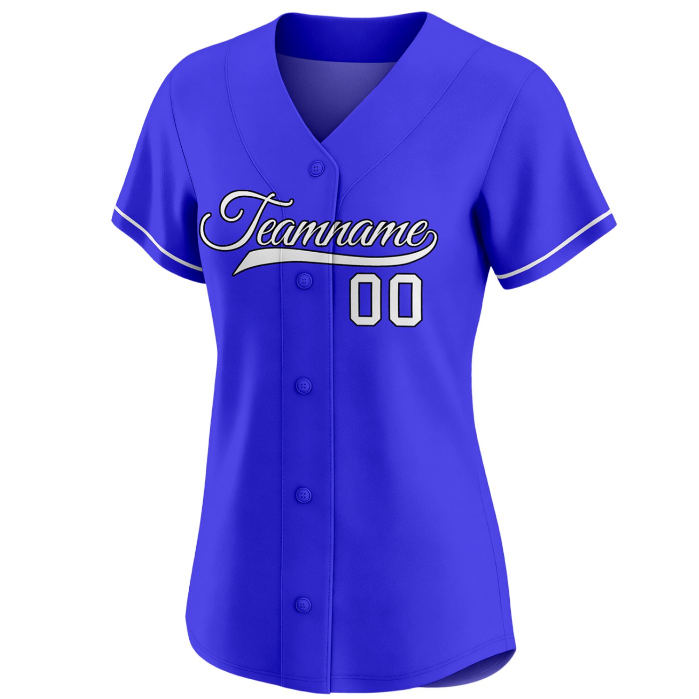 Custom women's royal blue baseball jersey with white team name and number 00