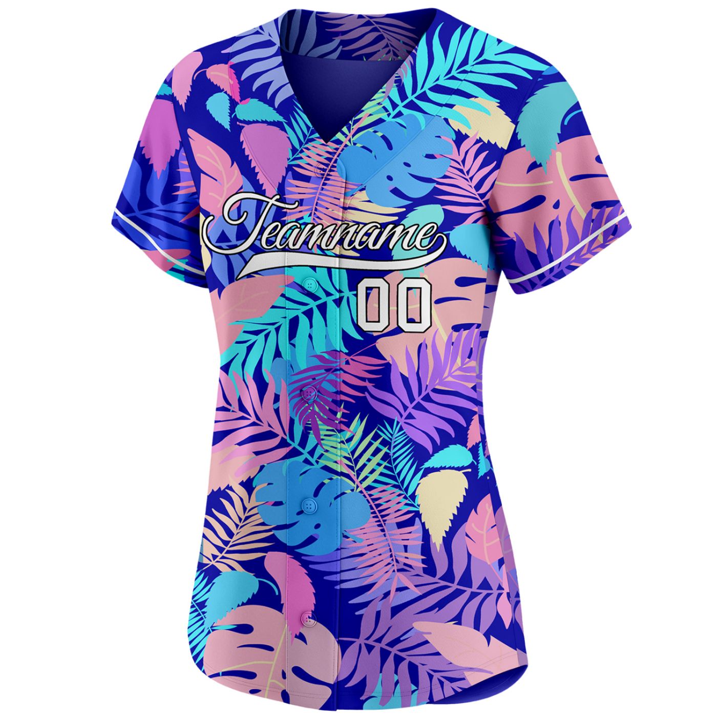 Women's custom baseball jersey with vibrant multicolor tropical leaf print on deep purple-blue base, personalized team name and number, breathable fabric for sports and casual wear
