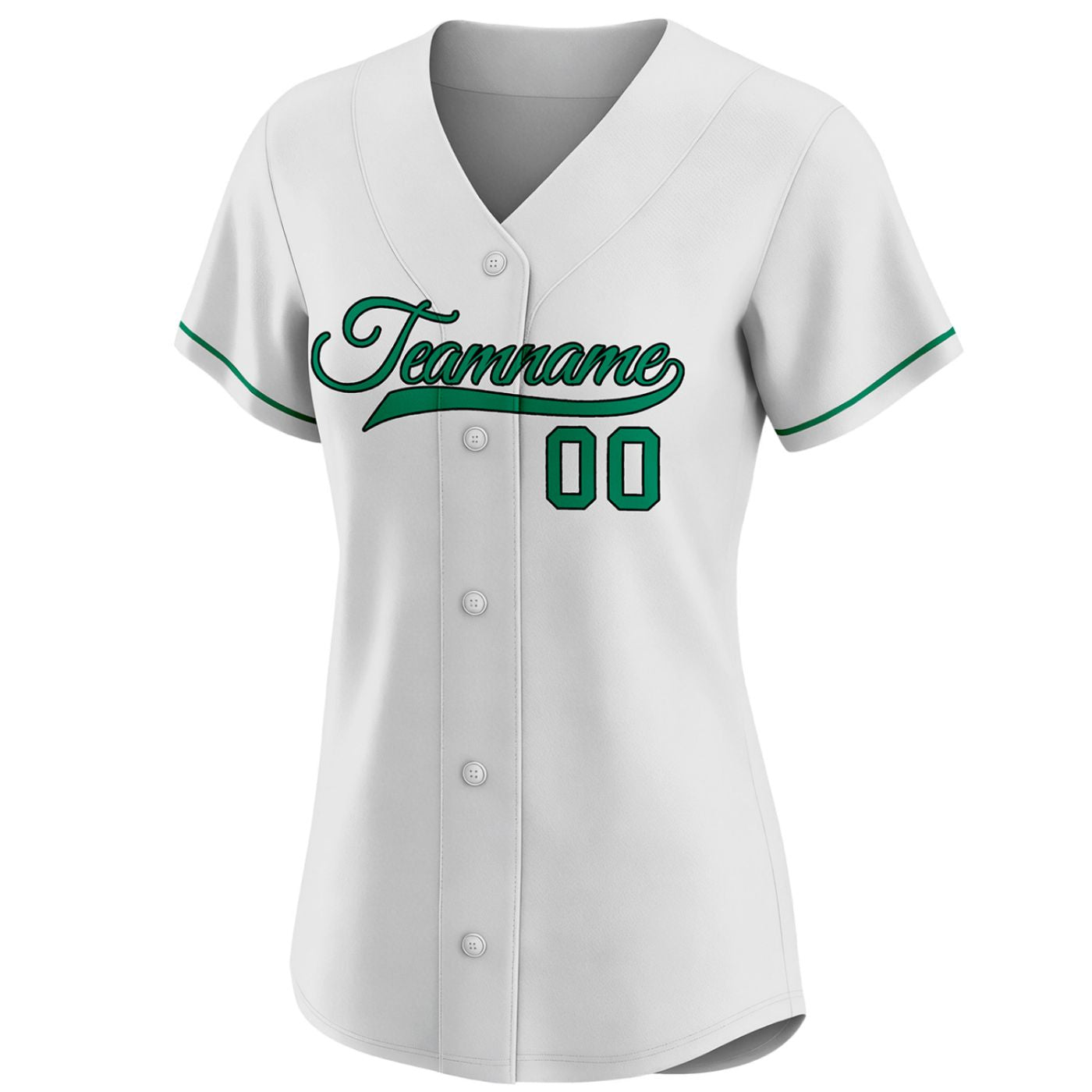 Custom women's white baseball jersey with green Teamname text and number 00.