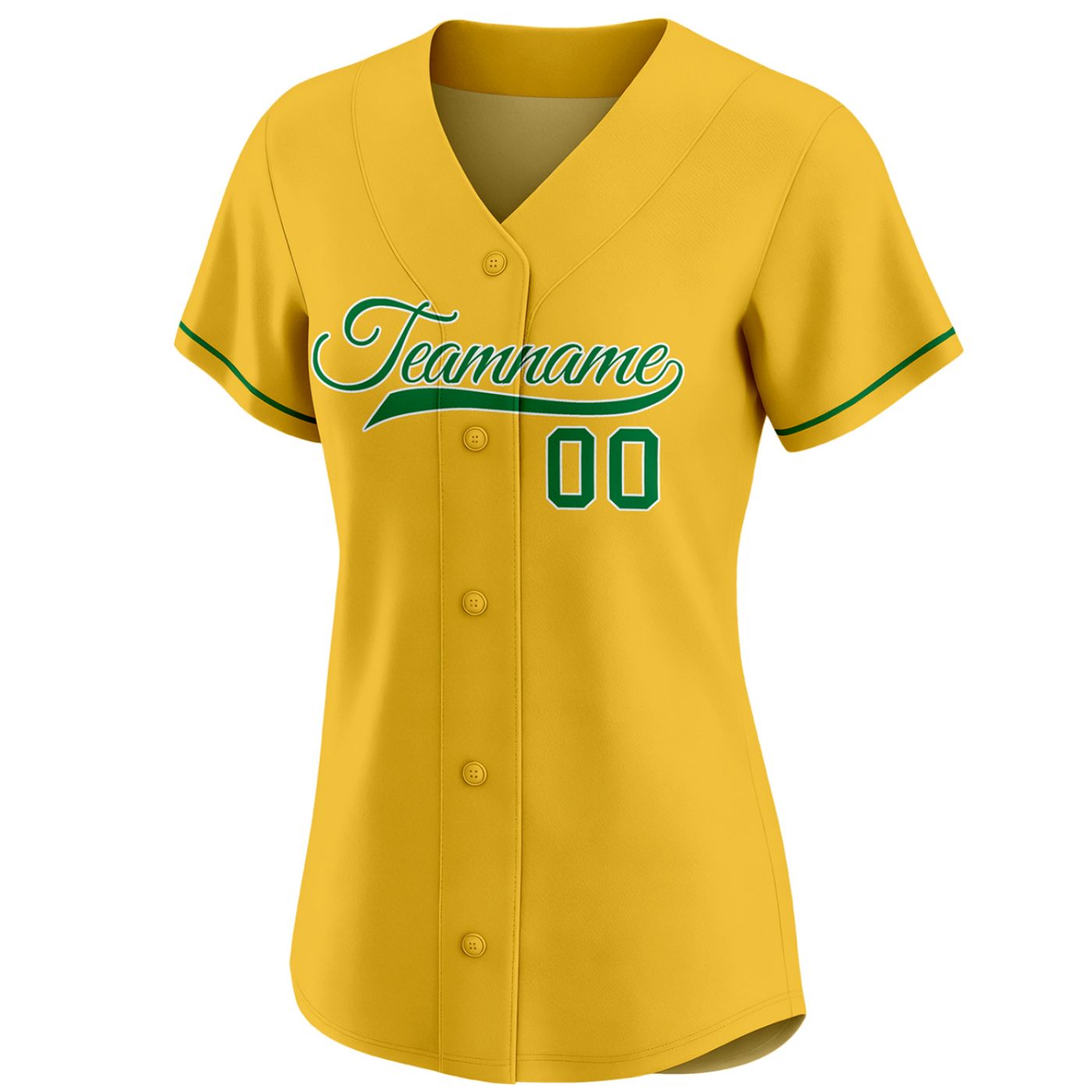 Custom women's yellow baseball jersey with forest green team name and number 00