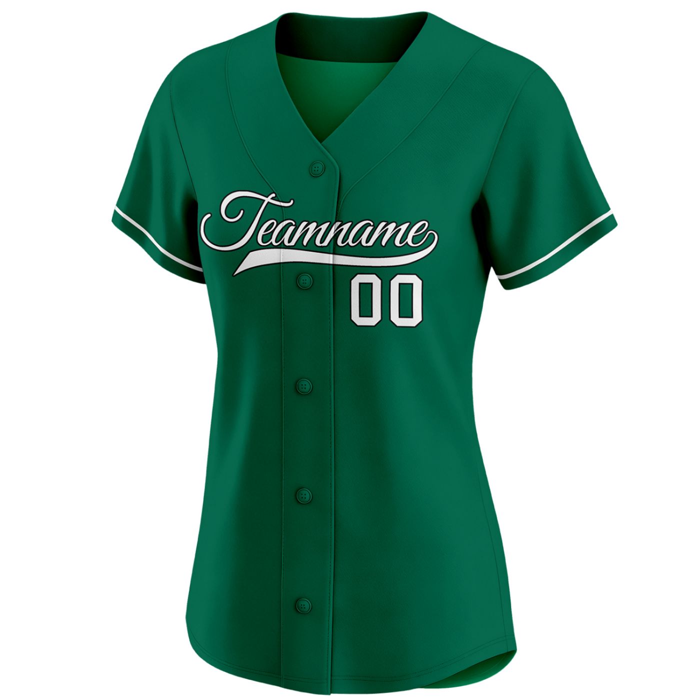 Women's forest green custom button-down baseball jersey with white piping trim