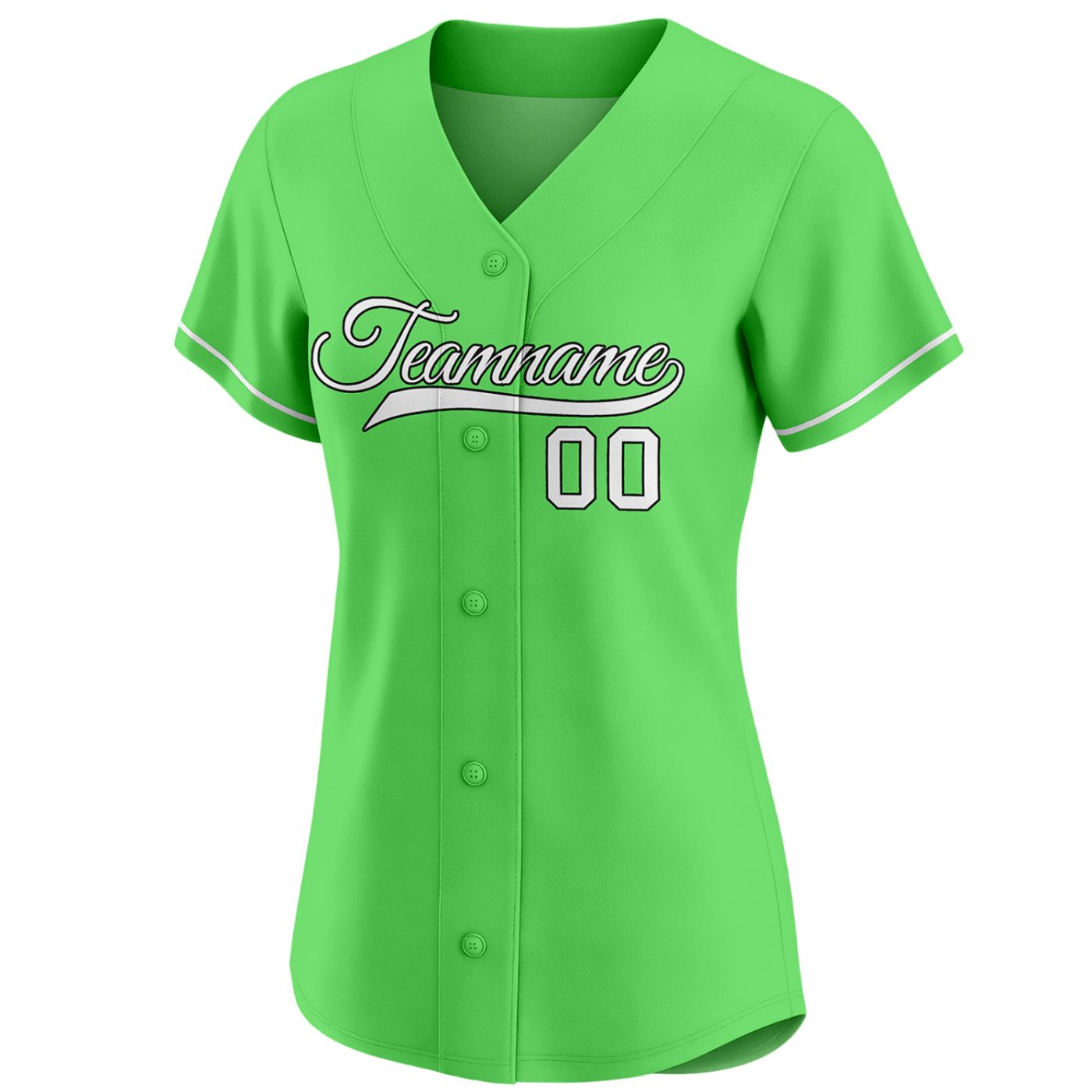 Women's lime green custom button-down baseball jersey with white piping trim