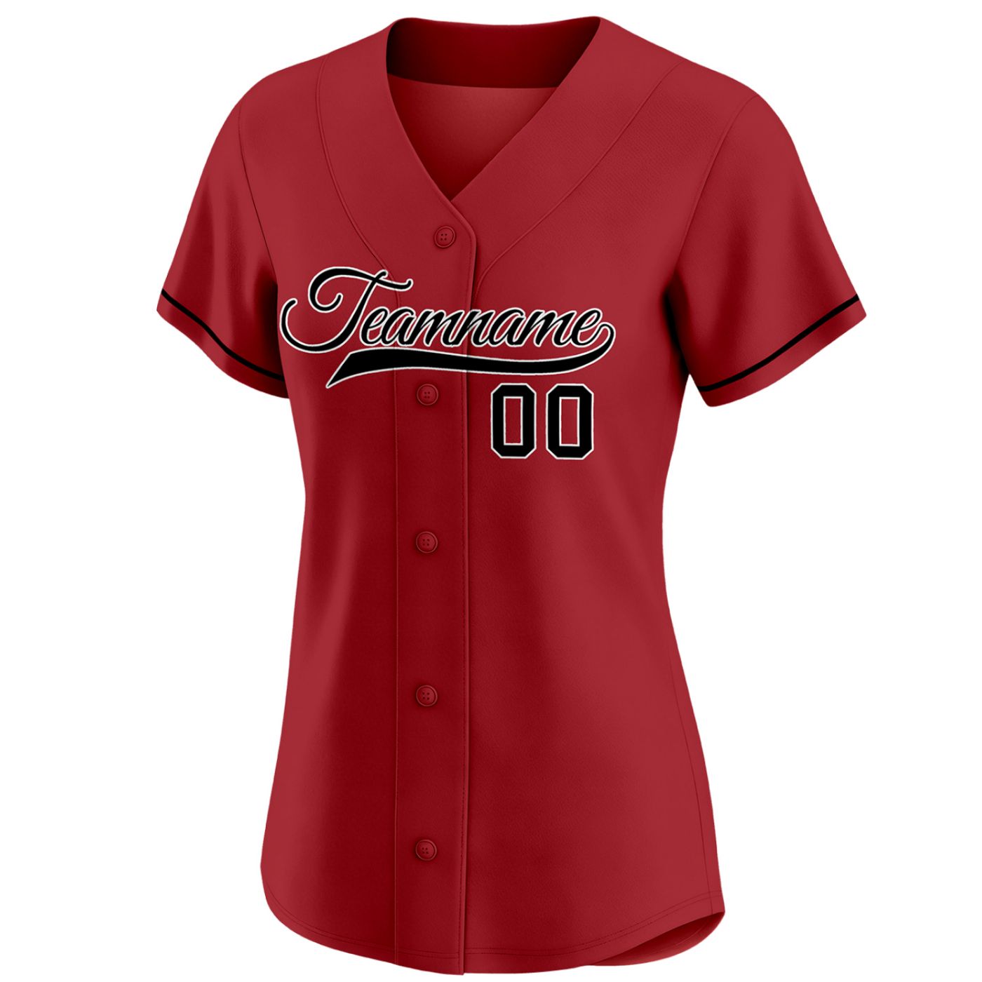 Women's maroon red custom button-down baseball jersey with black piping trim