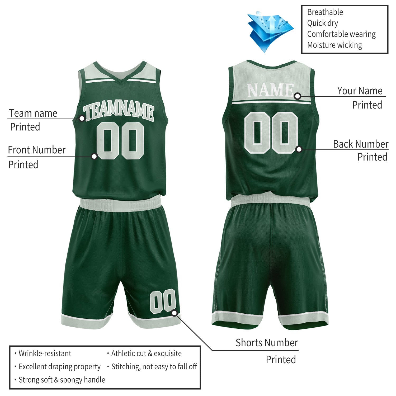 Custom Dark Green & Off-White Double Sided Basketball Jersey Set | Wholesale Team Uniform