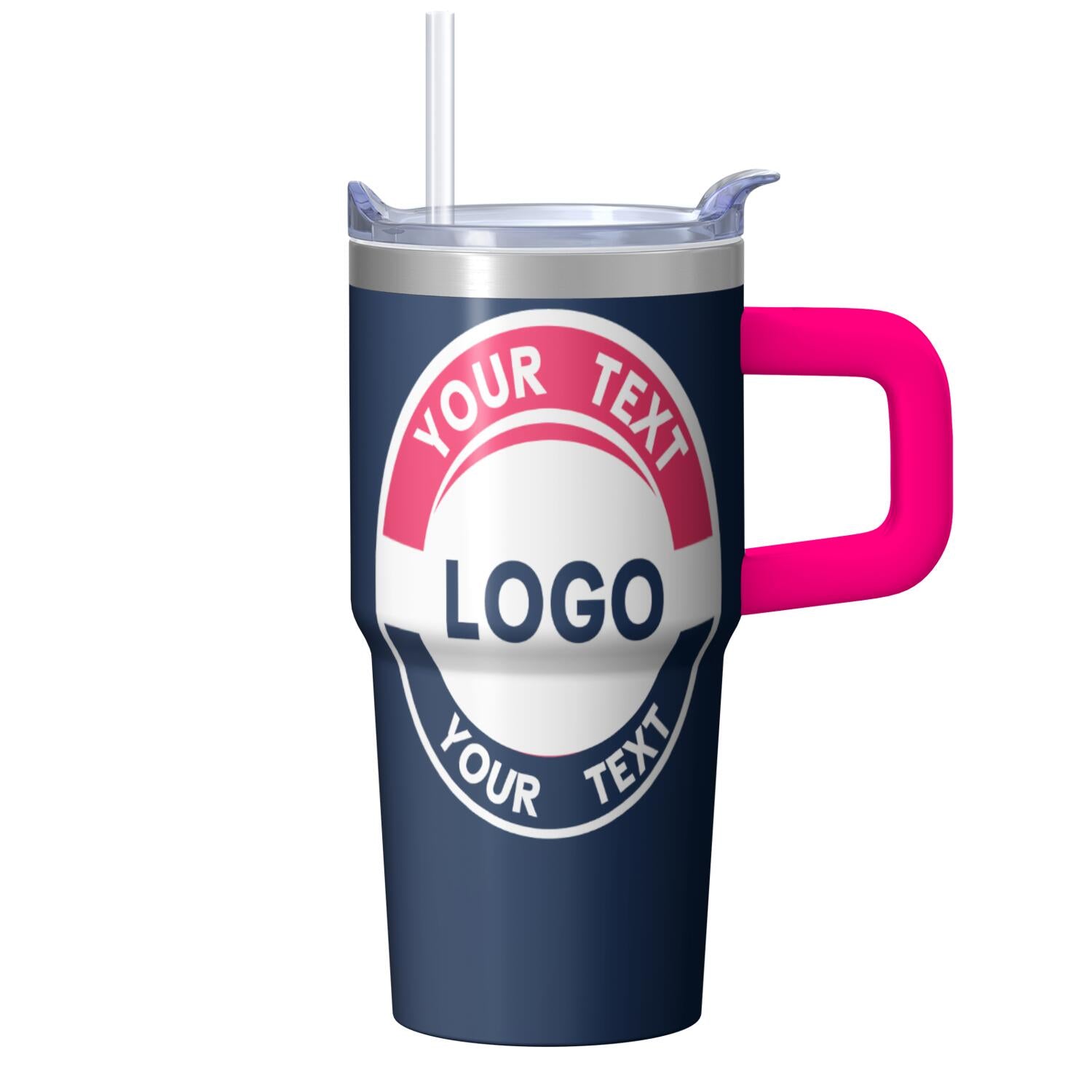 20oz personalized stainless steel tumbler with handle and straw, custom logo text, navy blue and pink design, great for sports fans and personalized gifts