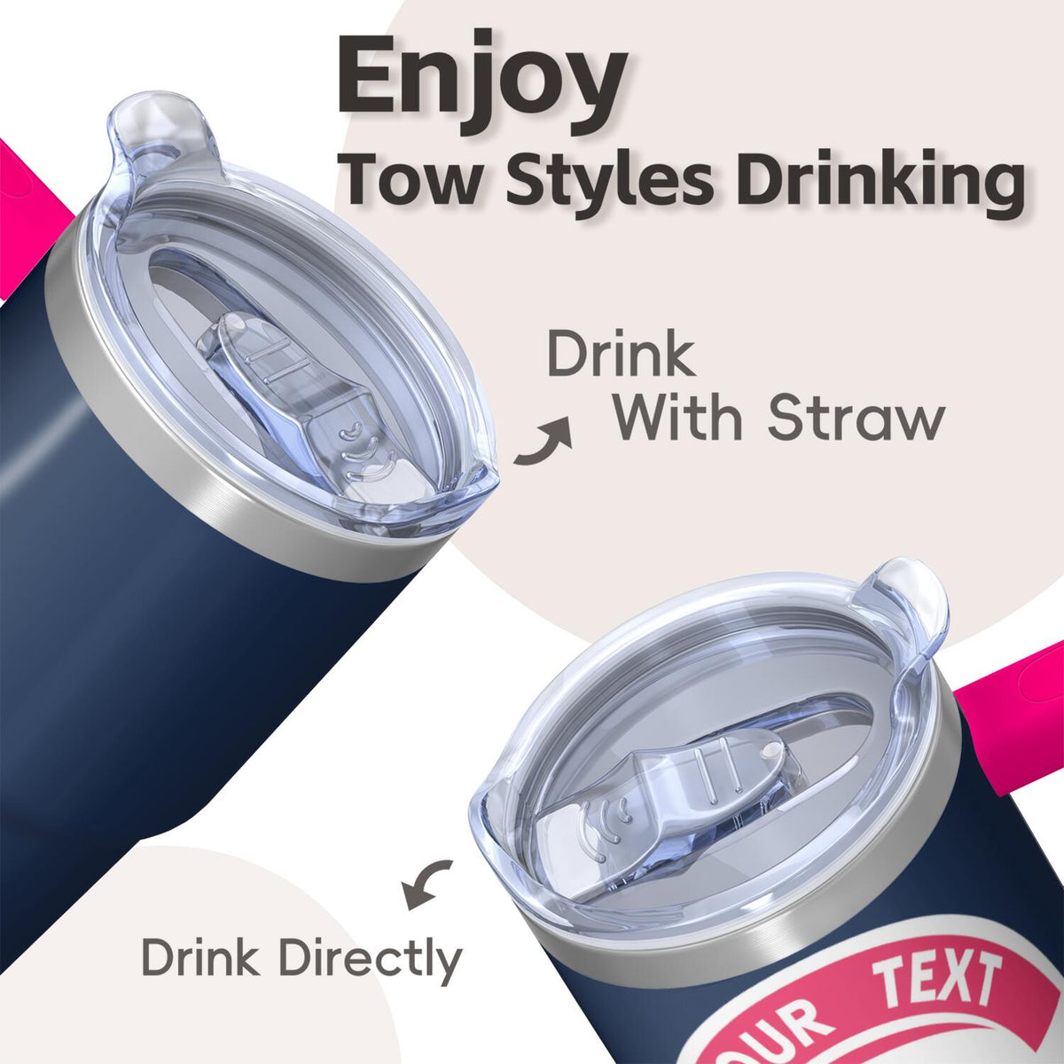 20oz Customizable Stainless Steel Tumbler with Handle & Straw - Personalized Navy Blue Pink Cup for Sports Fans & Daily Use