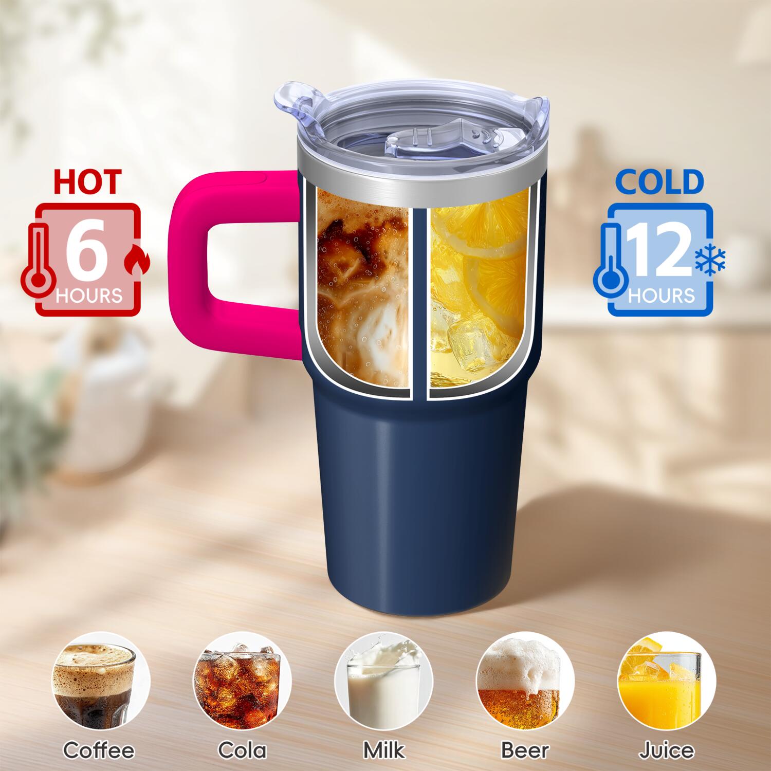 20oz Customizable Stainless Steel Tumbler with Handle & Straw - Personalized Navy Blue Pink Cup for Sports Fans & Daily Use
