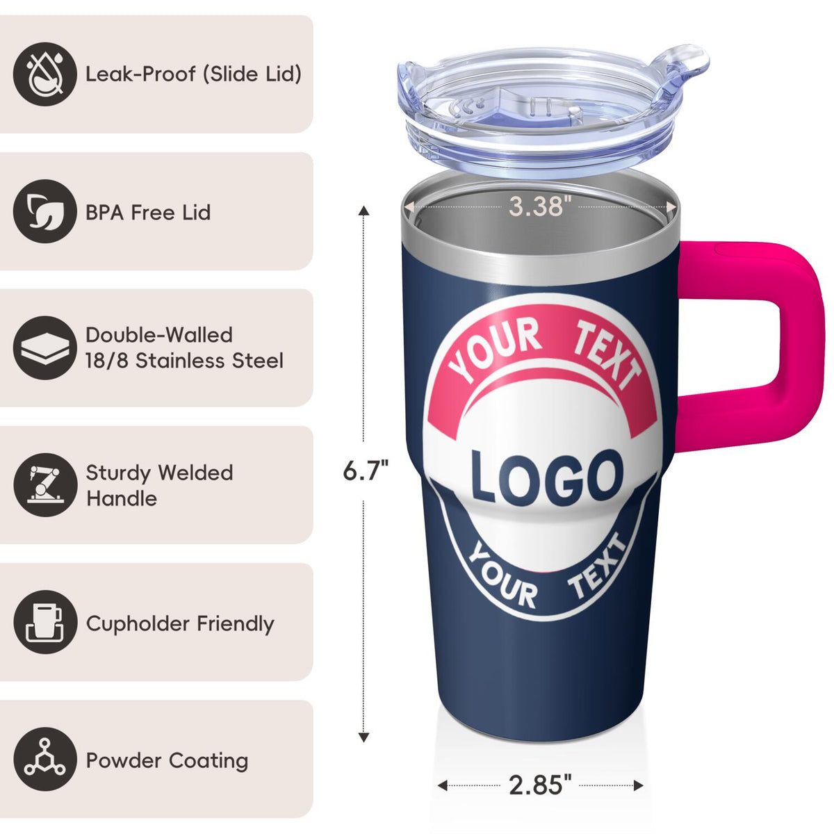 20oz Customizable Stainless Steel Tumbler with Handle & Straw - Personalized Navy Blue Pink Cup for Sports Fans & Daily Use