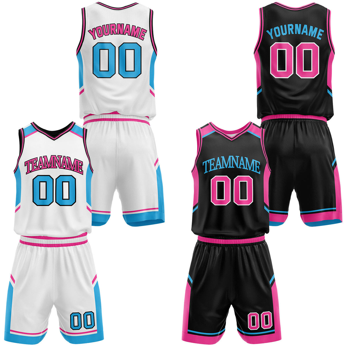 3xl 4xl 5xl custom white and black reversible basketball jerseys set, personalized team name, player number and logo, breathable moisture wicking mesh for adults.