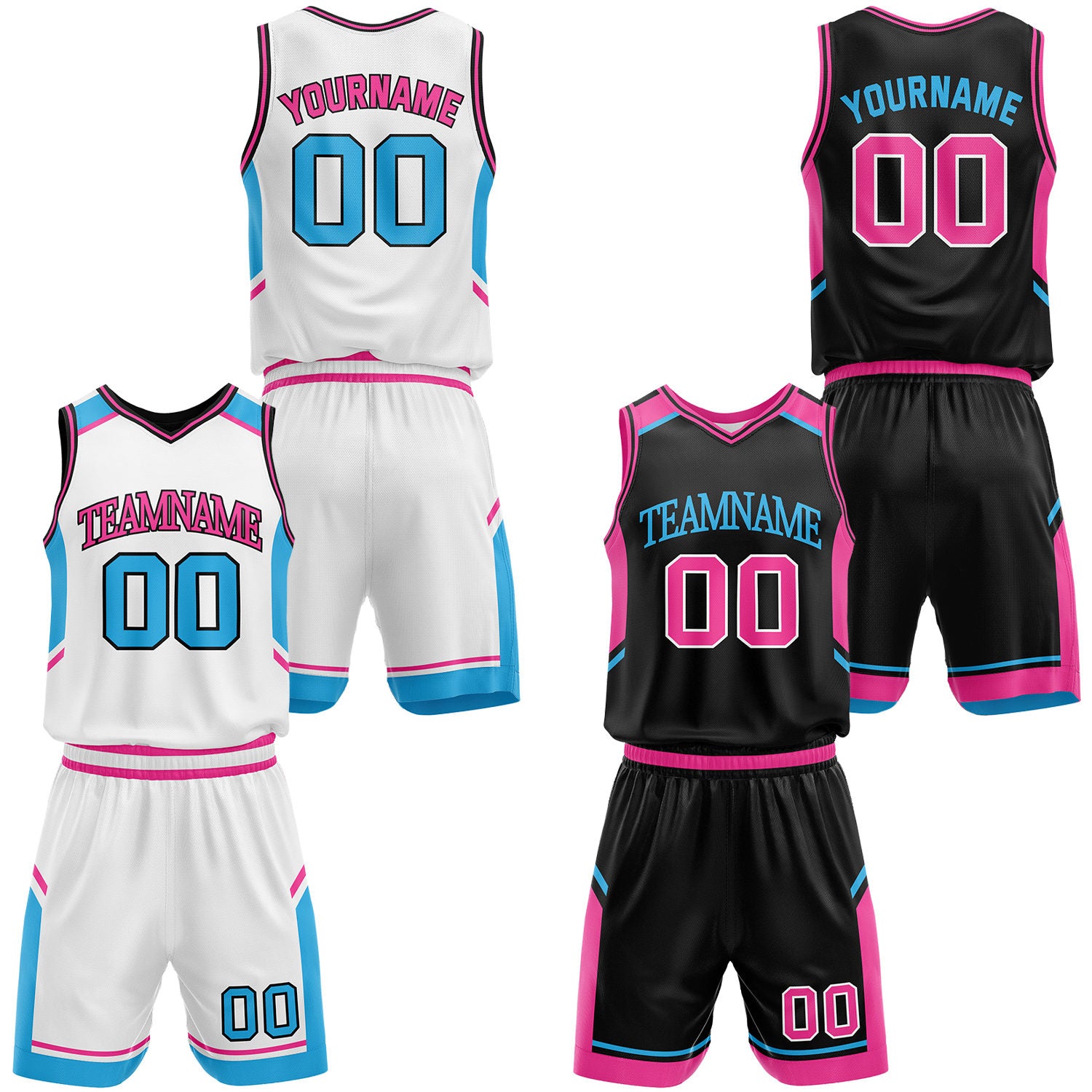 3xl 4xl 5xl custom white and black reversible basketball jerseys set, personalized team name, player number and logo, breathable moisture wicking mesh for adults.