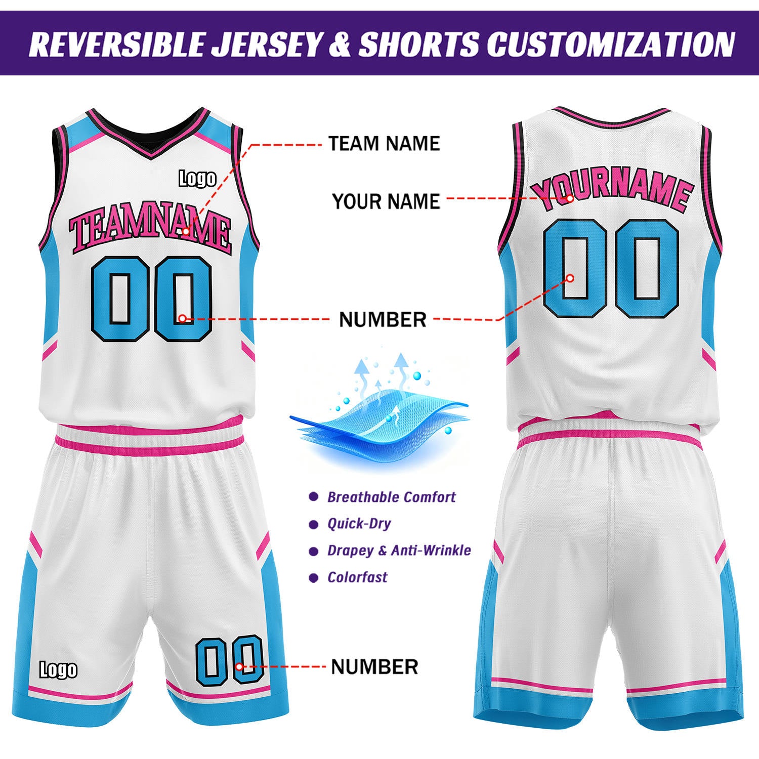 Custom Reversible Basketball Uniform Set | White & Black V-Neck Sleeveless Jersey & Athletic Shorts
