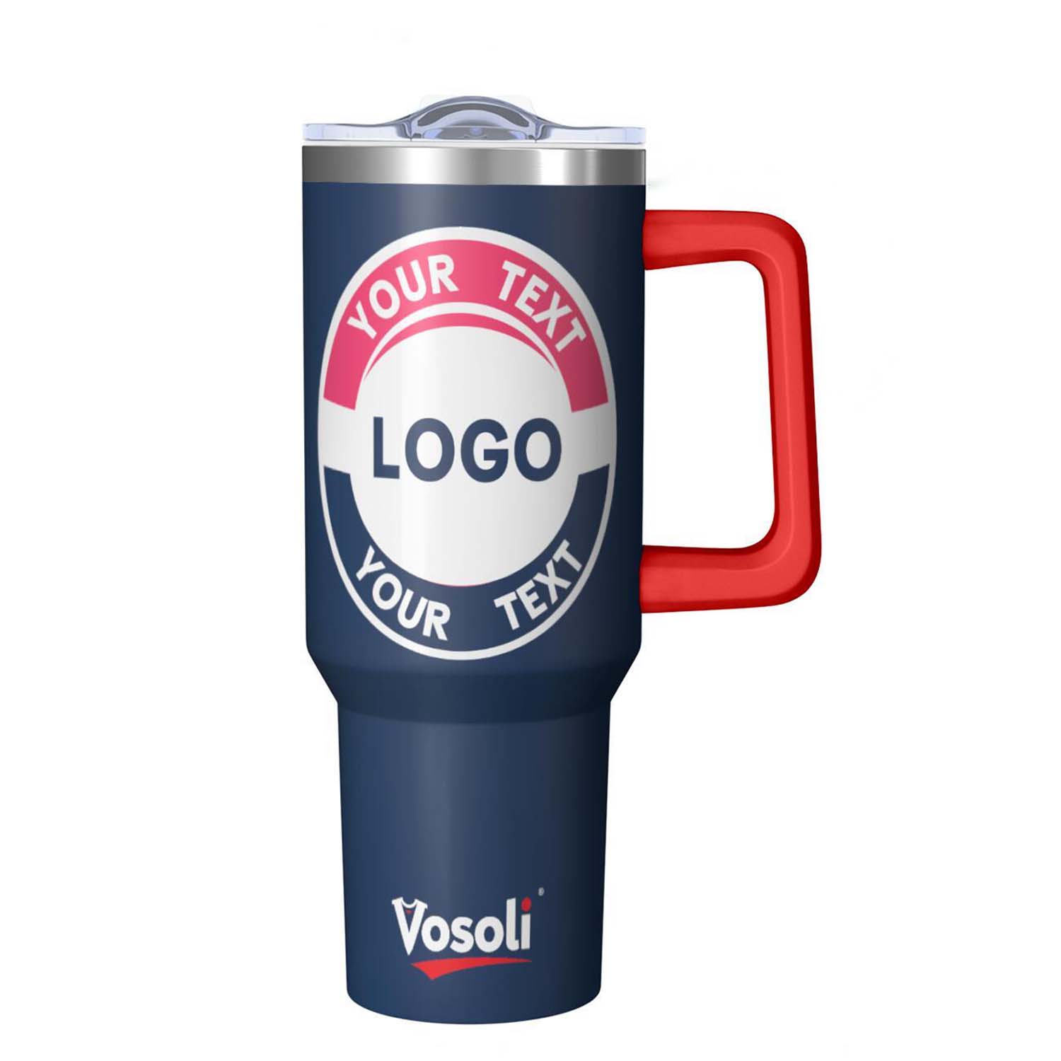 40oz Customizable Insulated Stainless Steel Tumbler with Red Handle & Straw - Personalized Navy Blue Cup for Sports Fans & Daily Use