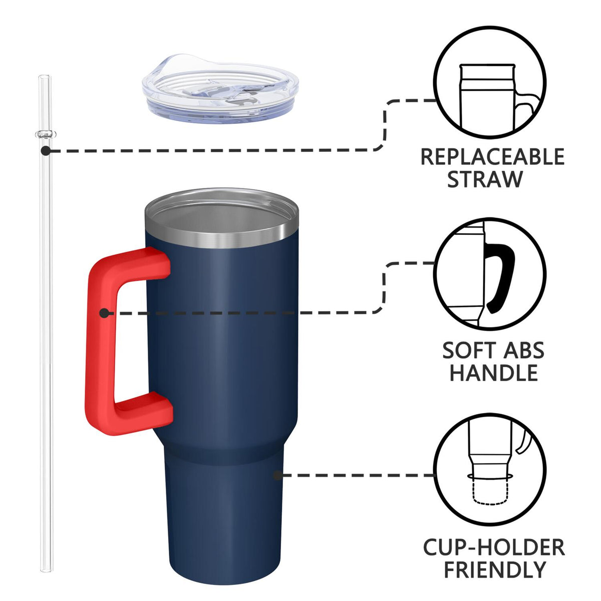 40oz Customizable Insulated Stainless Steel Tumbler with Red Handle & Straw - Personalized Navy Blue Cup for Sports Fans & Daily Use