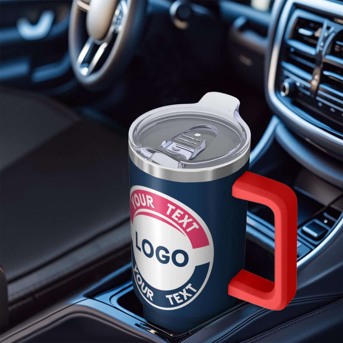 40oz Customizable Insulated Stainless Steel Tumbler with Red Handle & Straw - Personalized Navy Blue Cup for Sports Fans & Daily Use