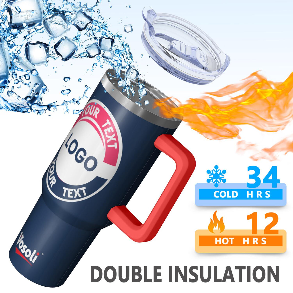 40oz Customizable Insulated Stainless Steel Tumbler with Red Handle & Straw - Personalized Navy Blue Cup for Sports Fans & Daily Use