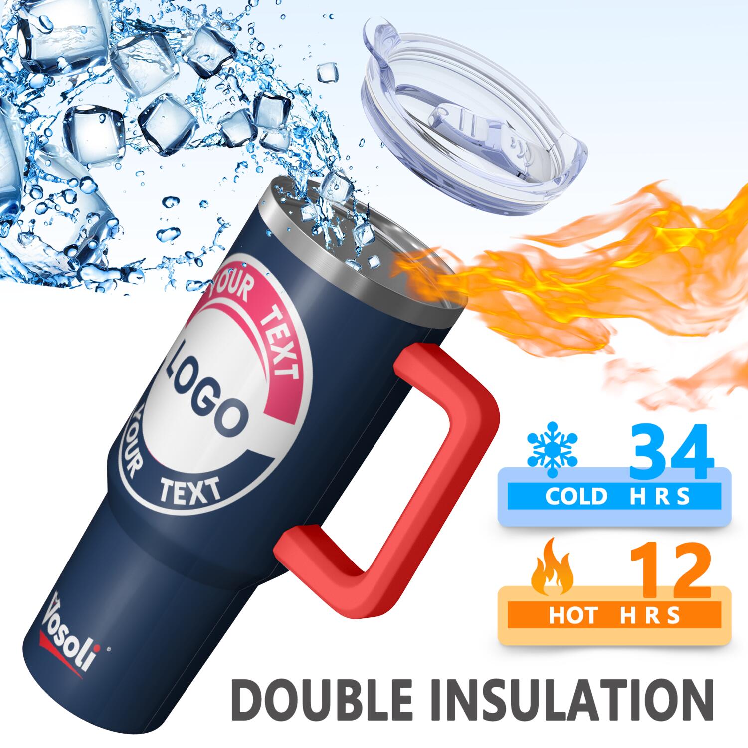 40oz Customizable Insulated Stainless Steel Tumbler with Red Handle & Straw - Personalized Navy Blue Cup for Sports Fans & Daily Use