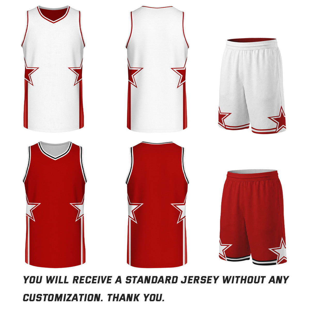 Custom White & Red Star Reversible Basketball Uniform Set | Breathable Mesh Jersey & Shorts