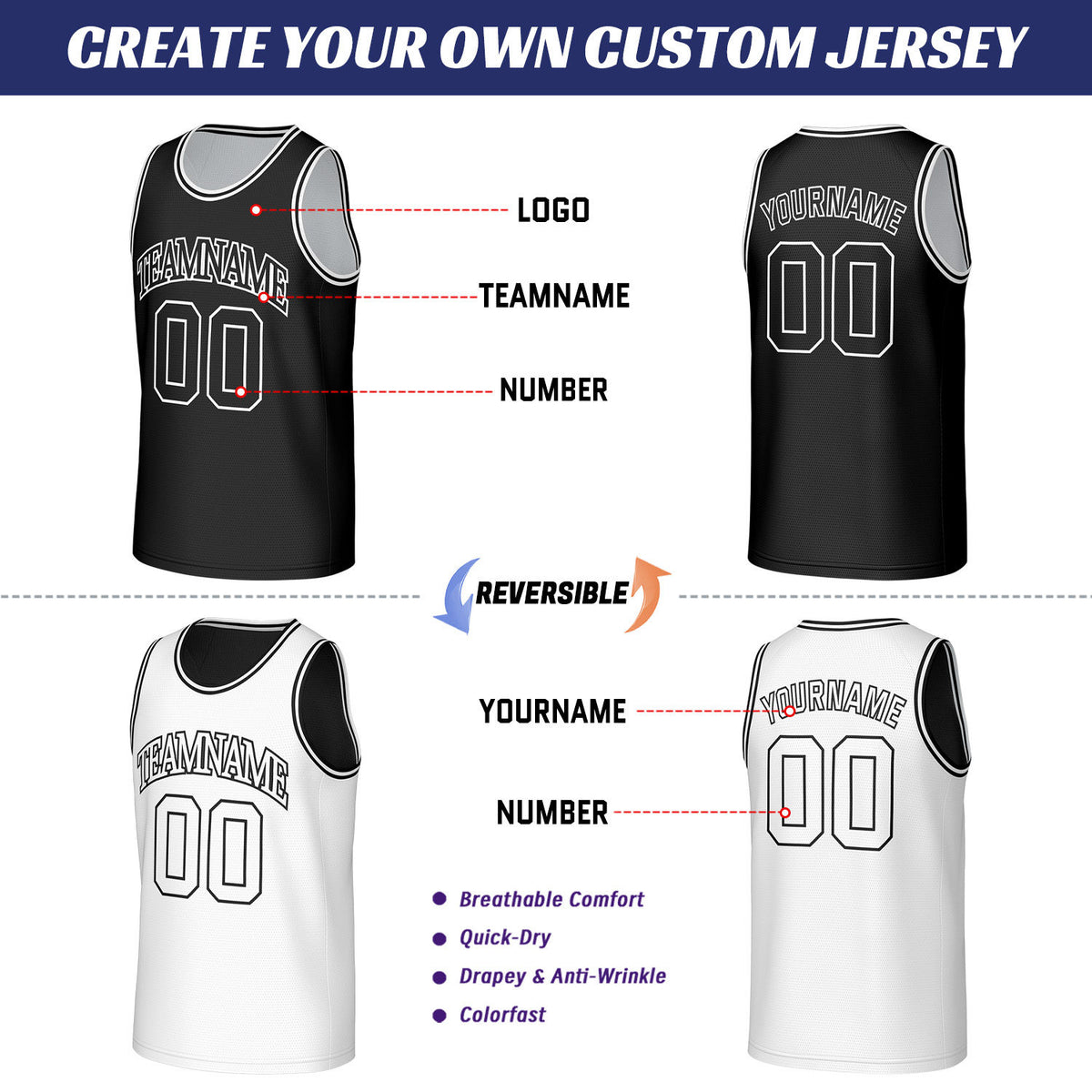 Custom Black & White Reversible Basketball Jersey | Personalized Sleeveless Mesh Jersey for Adult Youth