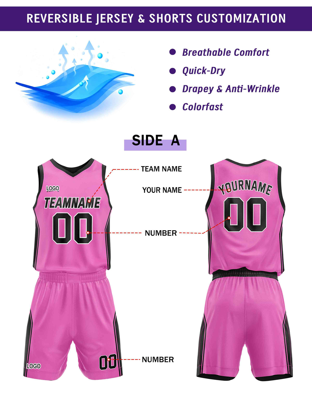 Custom Black and Pink Basketball Jersey Set - Personalized Team Uniforms
