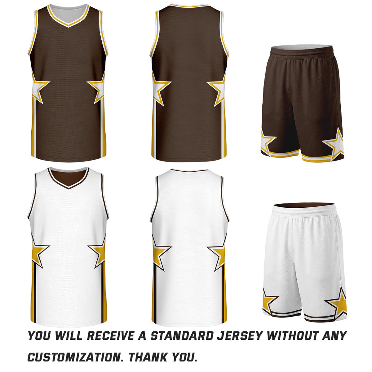 Custom Brown & White Star Reversible Basketball Uniform Set | Breathable Mesh Jersey & Shorts