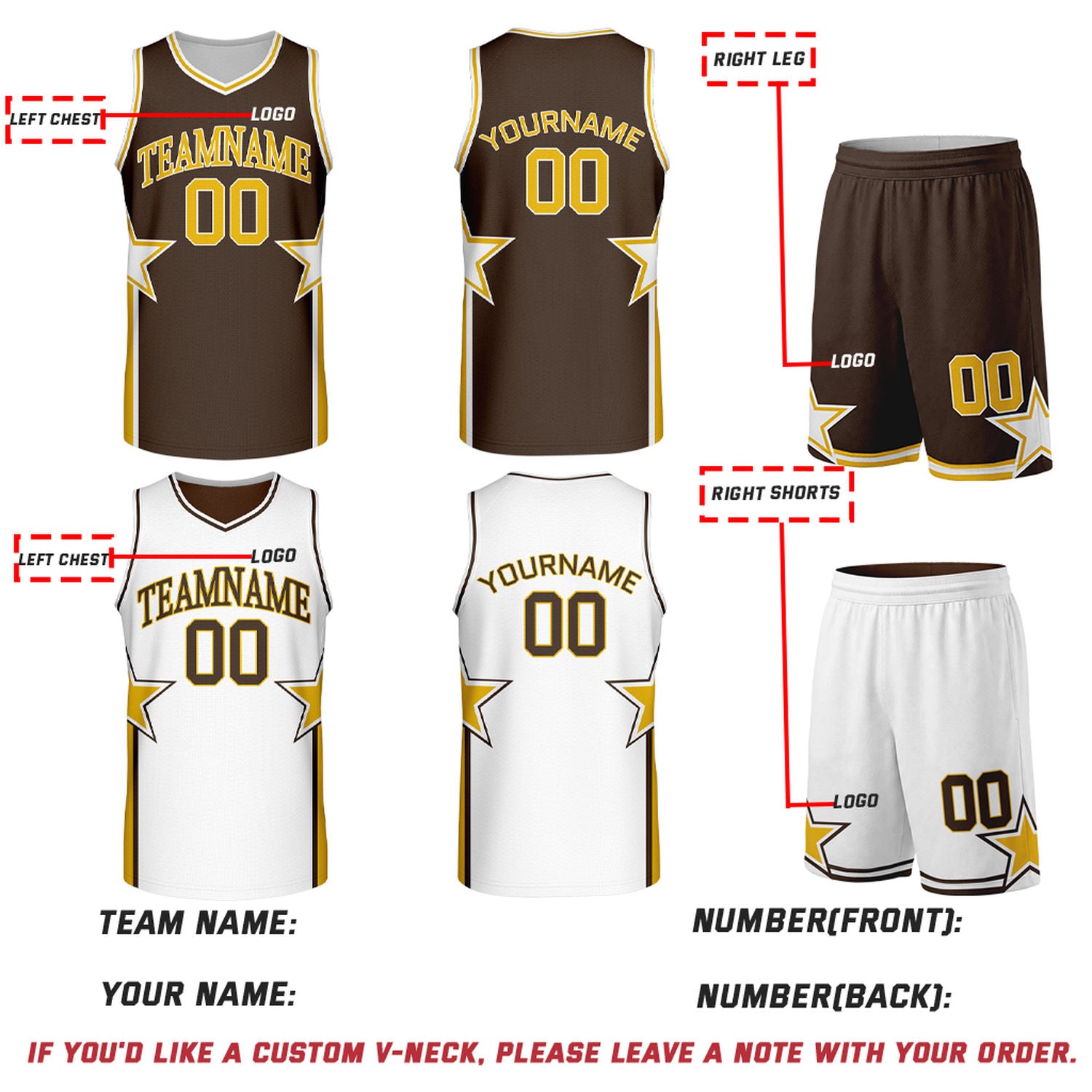 Custom Brown & White Star Reversible Basketball Uniform Set | Breathable Mesh Jersey & Shorts