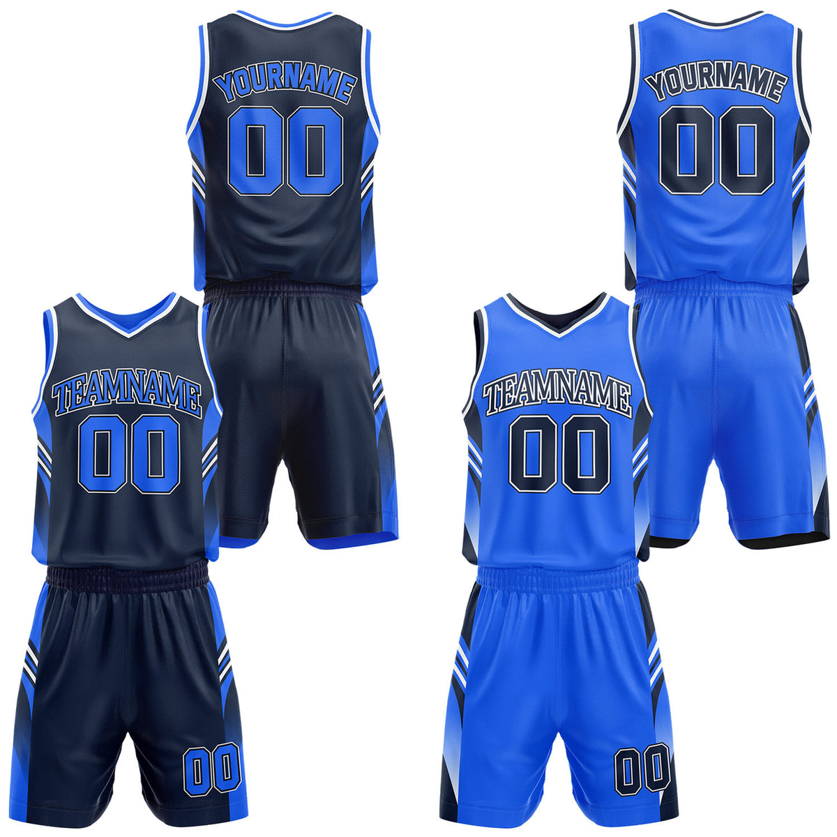 Custom navy and royal blue reversible basketball uniform by Vosoli. Personalized with team name, number, and logo. Breathable mesh jersey and shorts for high school, college, AAU teams.