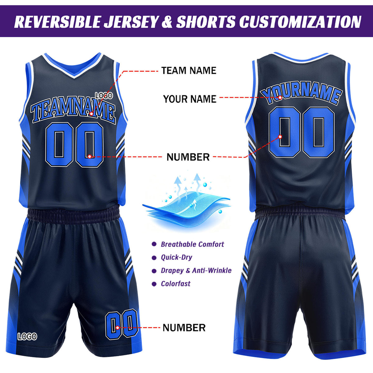 Custom Navy & Royal Blue Reversible Basketball Uniform Set | Personalized Team Jersey Kit