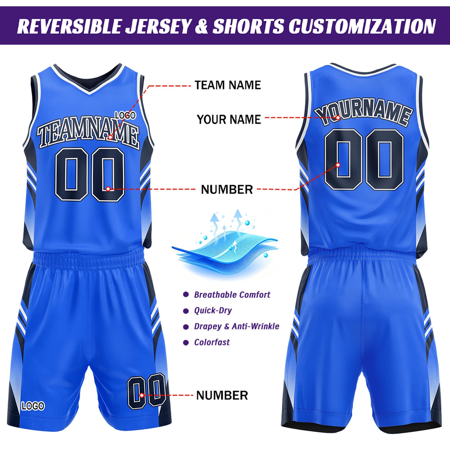 Custom Navy & Royal Blue Reversible Basketball Uniform Set | Personalized Team Jersey Kit