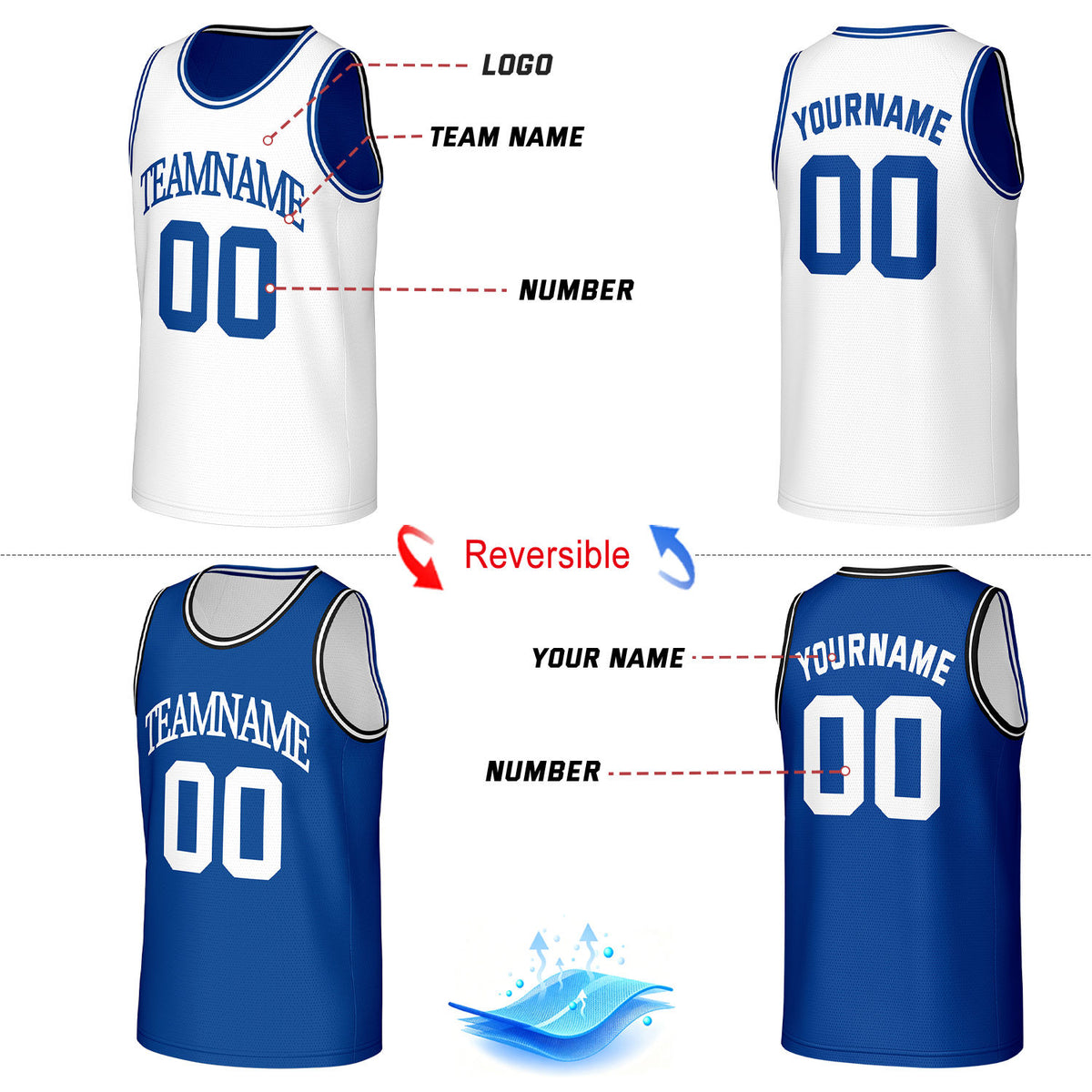 Custom Classic Double Trim Reversible Basketball Jersey White & Blue Mesh Team Uniform for Adult Youth