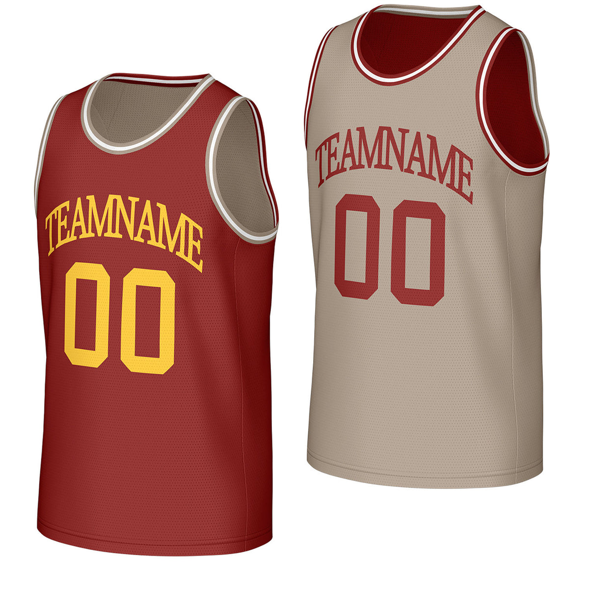 adult rec basketball jerseys burgundy tan reversible by Vosoli, personalized team name, number &amp; logo, breathable mesh dual sided basketball jersey for adult rec team games