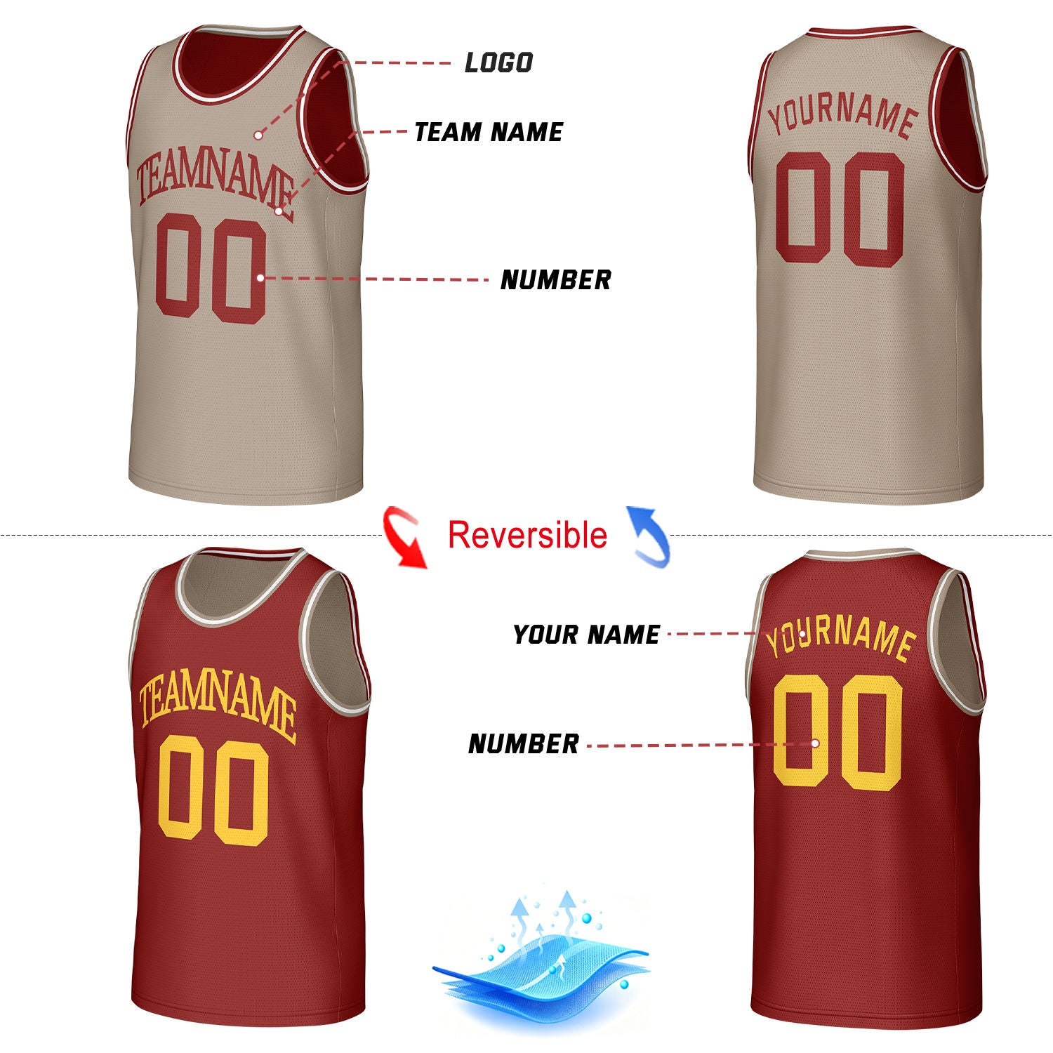 Custom Classic Double Trim Reversible Basketball Jersey Burgundy & Tan Mesh Team Uniform for Adult Youth