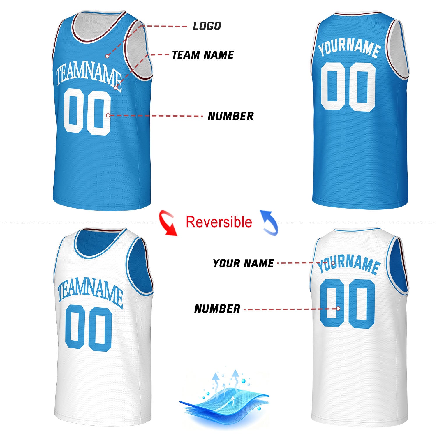 Custom Classic Double Trim Reversible Basketball Jersey Light Blue & White Mesh Team Uniform for Adult Youth