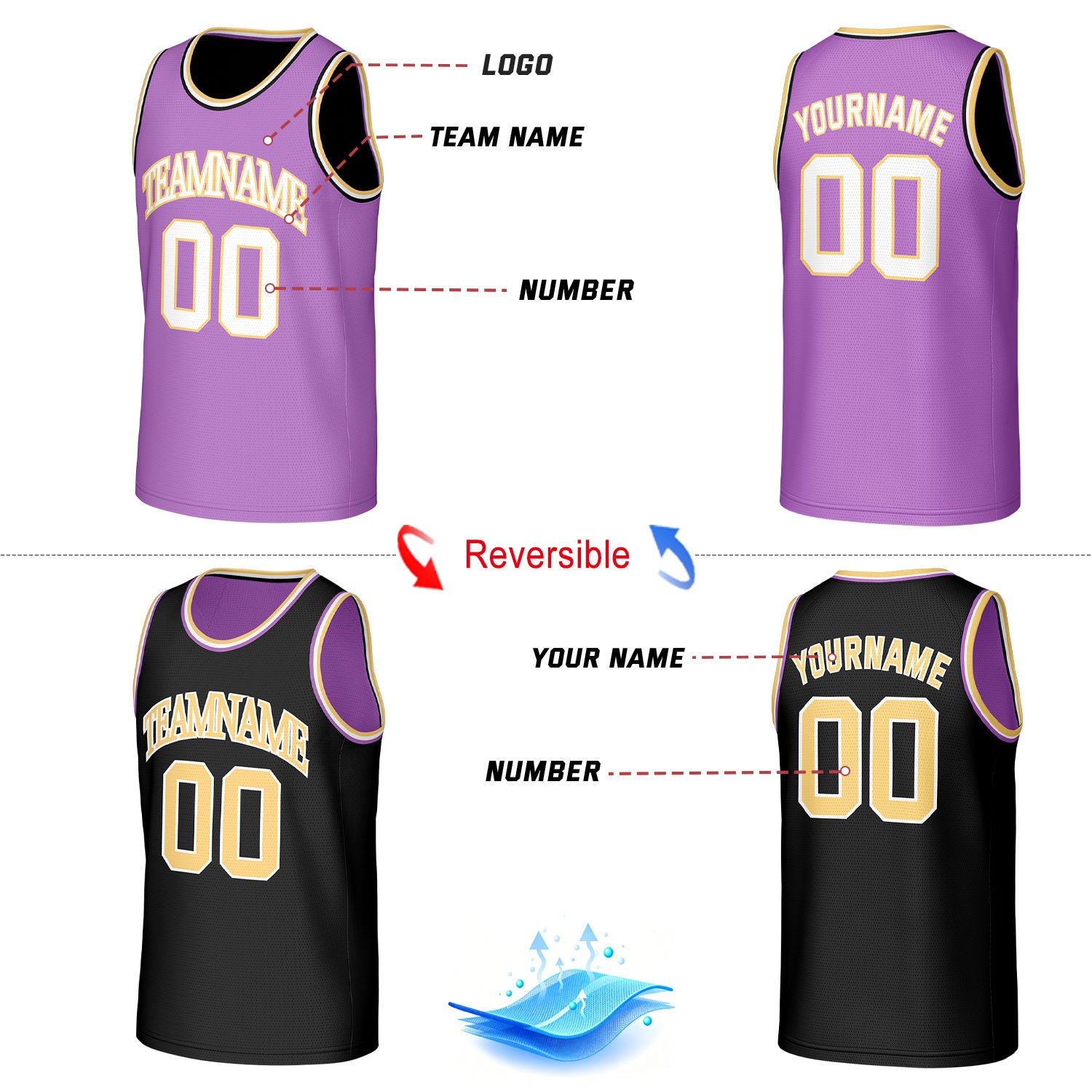 Custom Classic Double Trim Reversible Basketball Jersey Purple & Black Mesh Team Uniform for Adult Youth