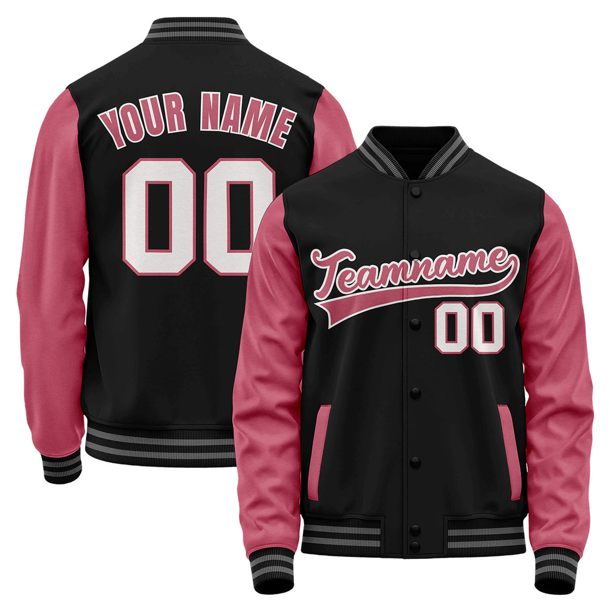 Baseball apparel manufacturer, black and rose varsity bomber jacket, personalized team name, player number and custom logo.