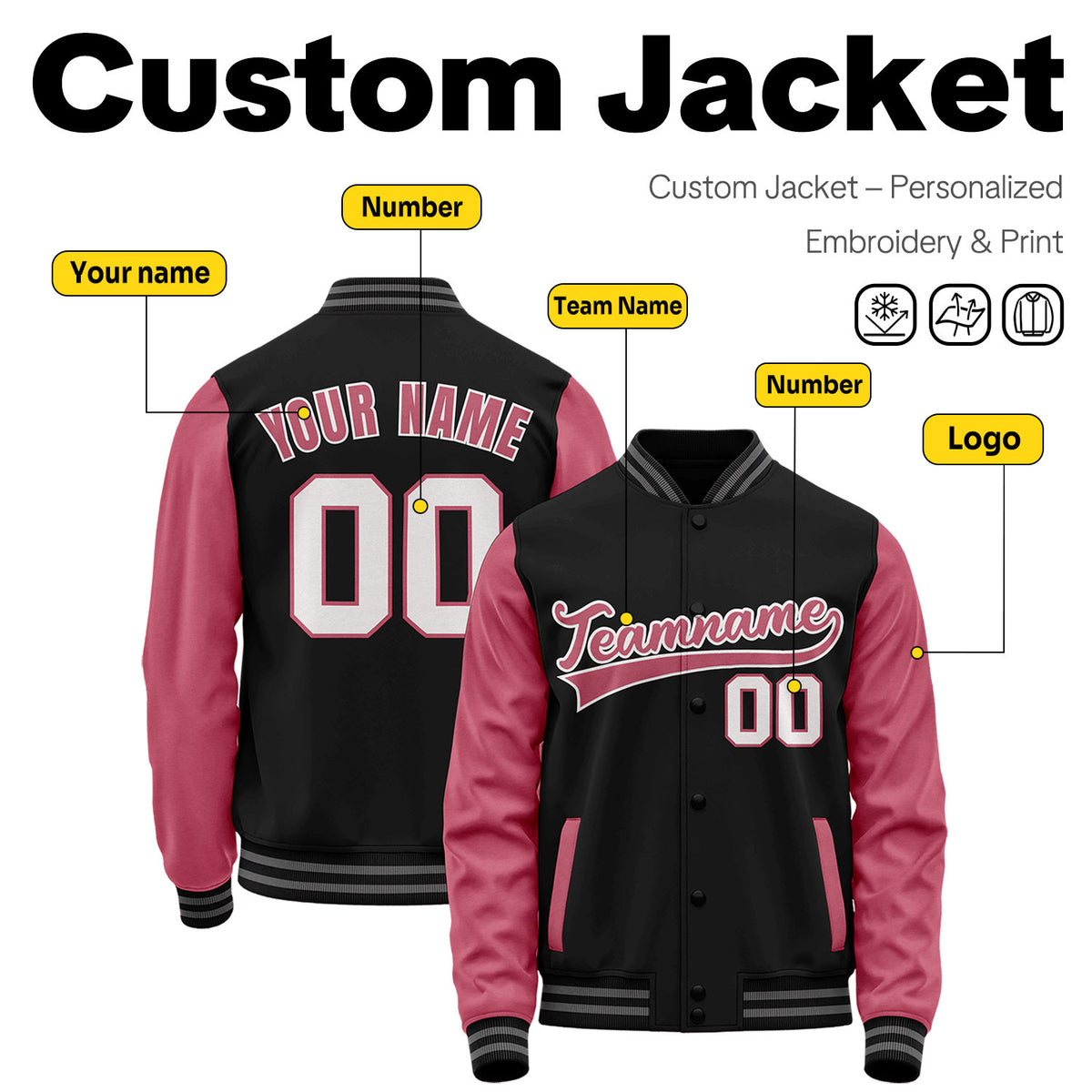 Custom Black & Rose Two-Tone Varsity Jacket | Personalized Baseball Bomber with Name, Number & Logo