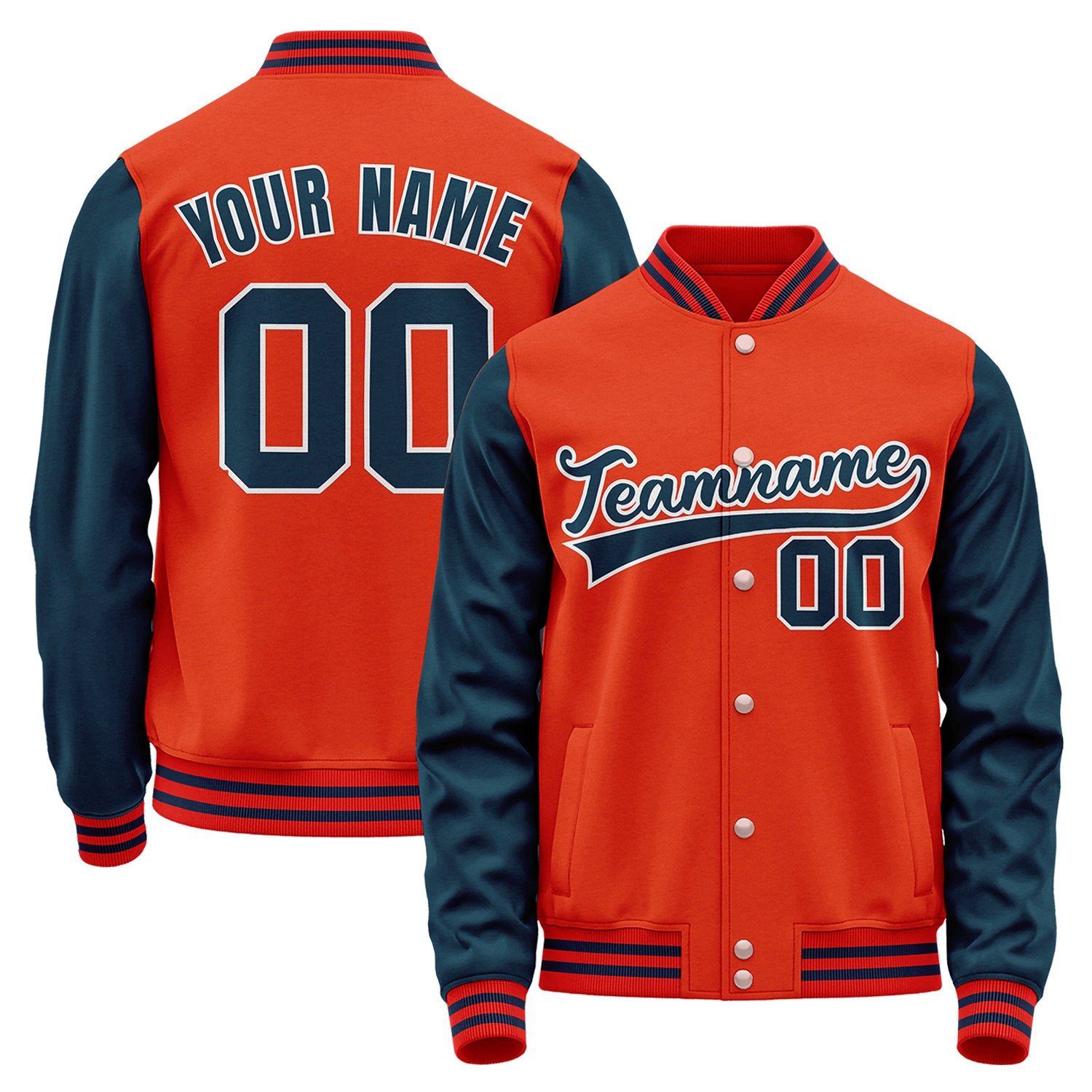 Baseball apparel manufacturer, orange and navy varsity bomber jacket, personalized team name, player number and custom logo.
