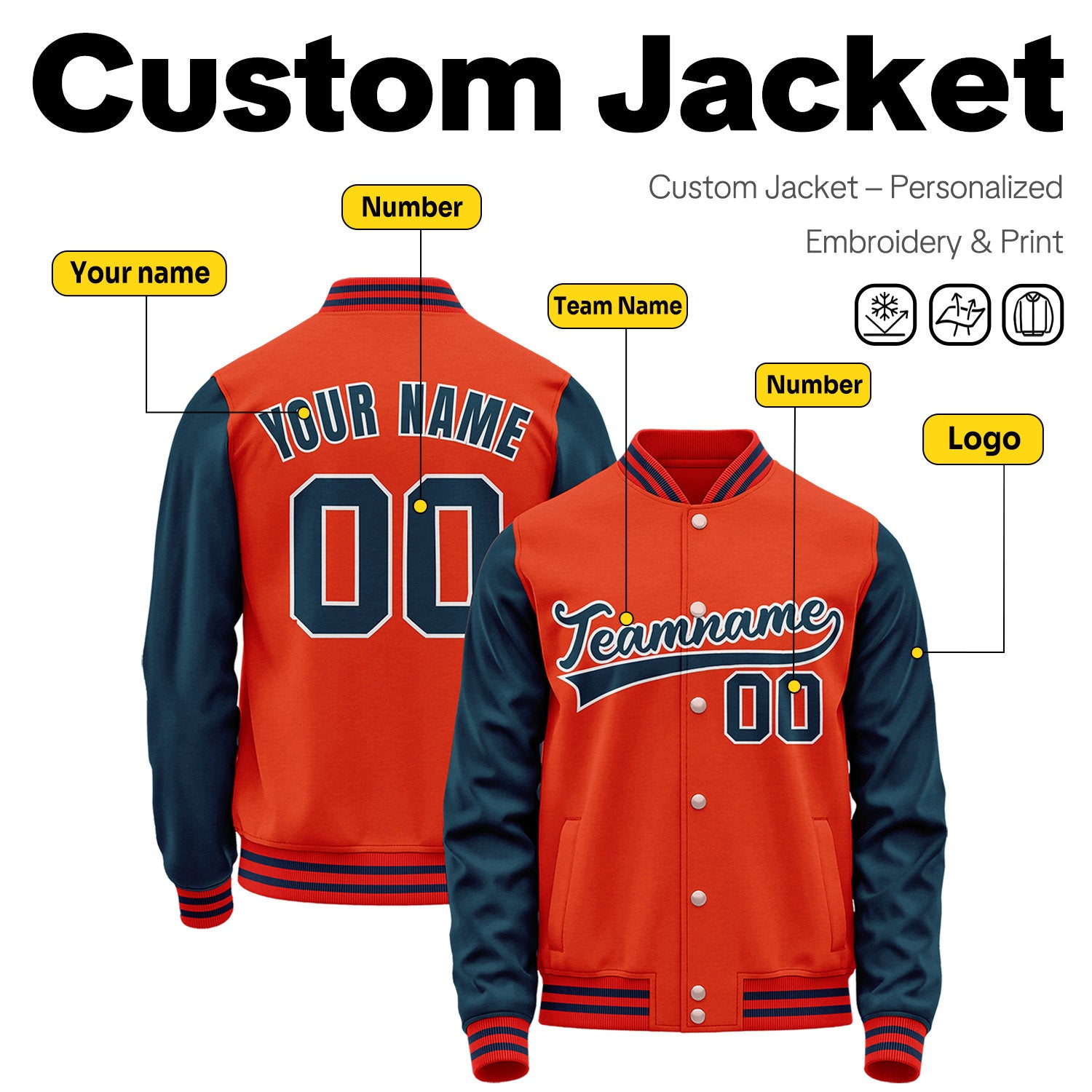 Custom Orange & Navy Two-Tone Varsity Jacket | Personalized Baseball Bomber with Name, Number & Logo