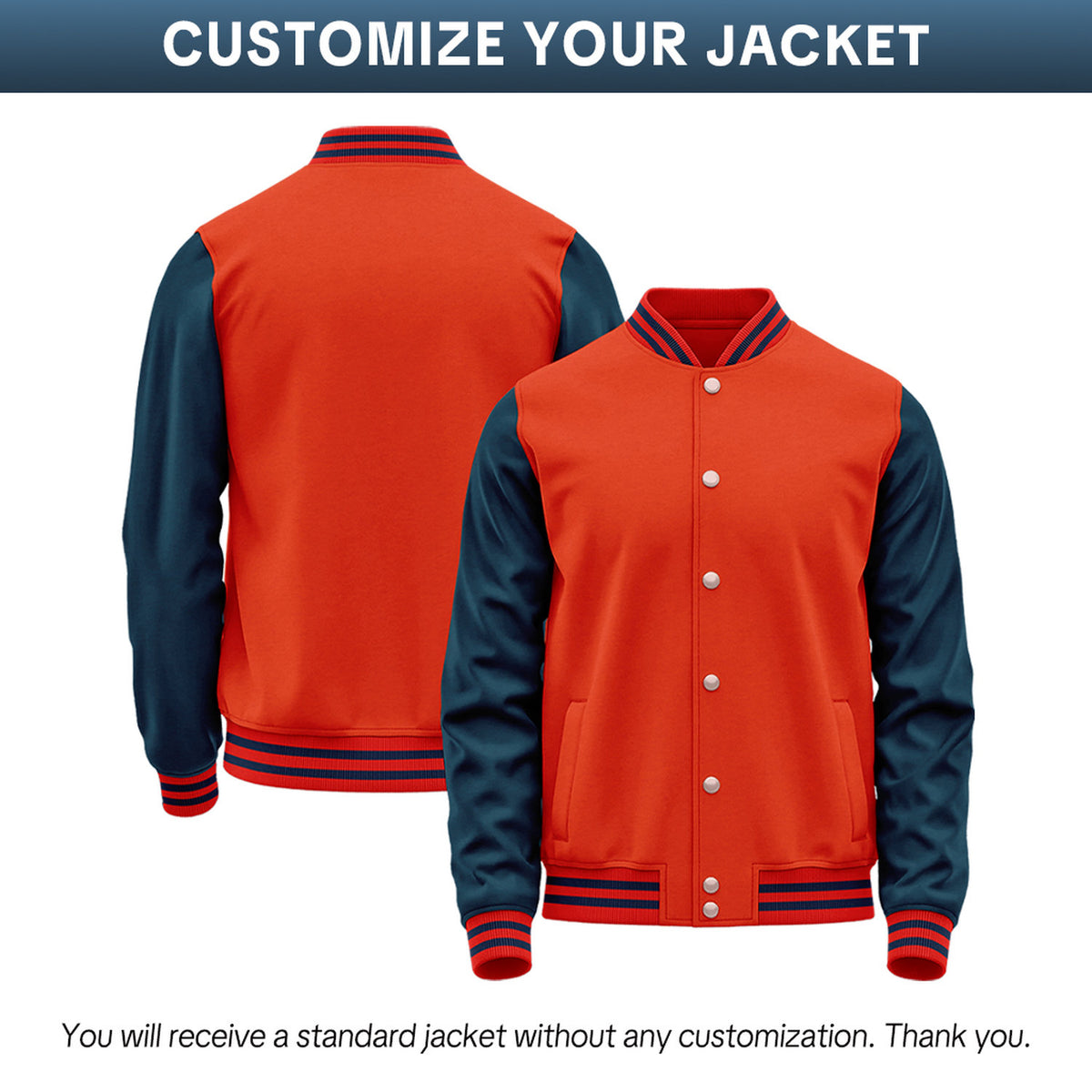 Custom Orange & Navy Two-Tone Varsity Jacket | Personalized Baseball Bomber with Name, Number & Logo