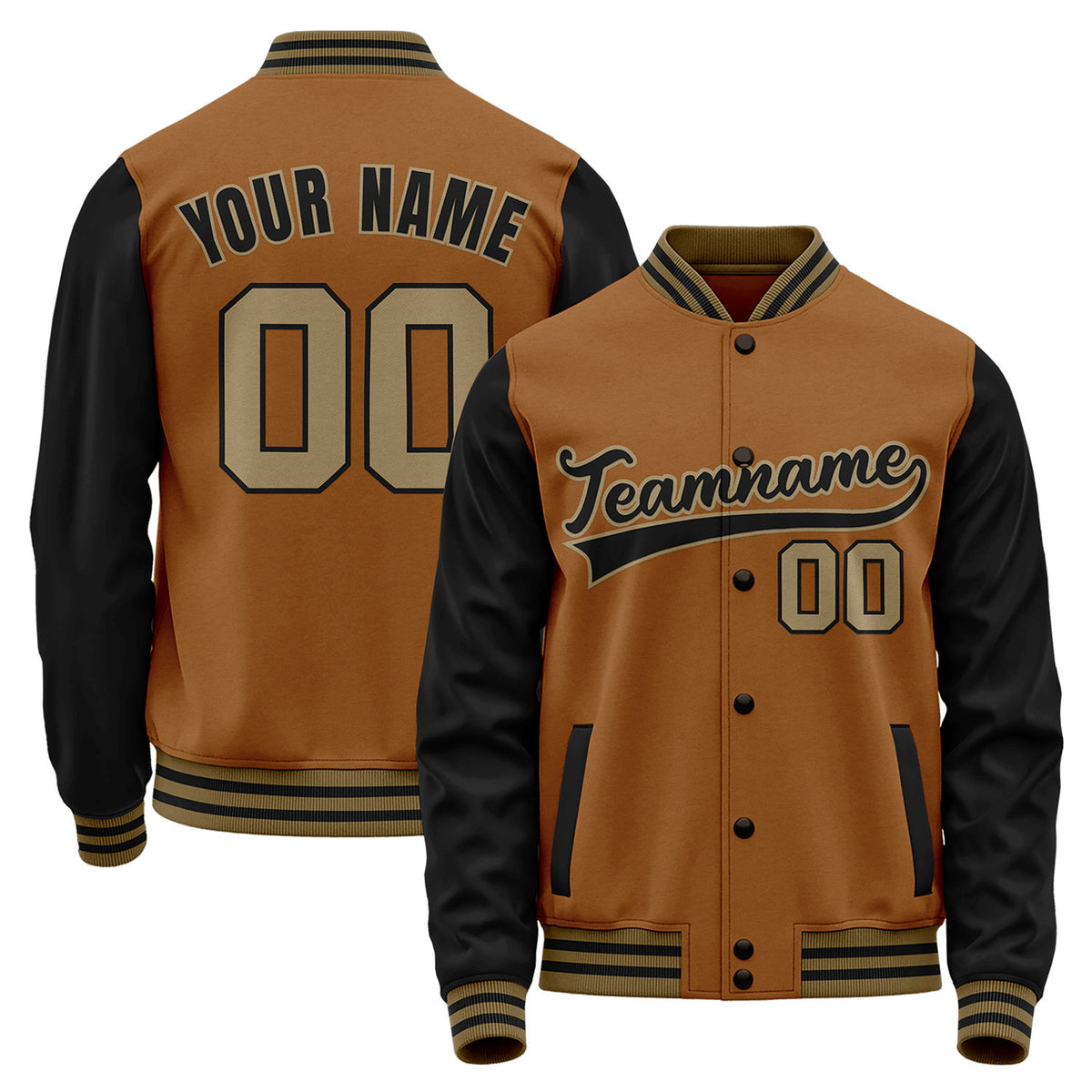 Baseball jacket for spring training, brown and black varsity bomber jacket, personalized team name, player number and custom logo.