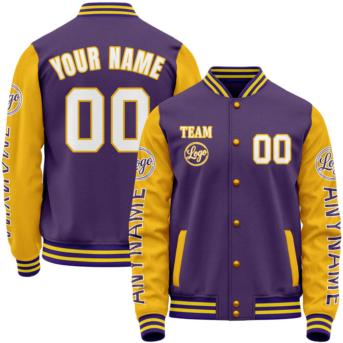 Baseball team varsity jacket, purple and gold varsity bomber jacket, personalized stitched or sublimated name, number, sleeve text and custom logo.