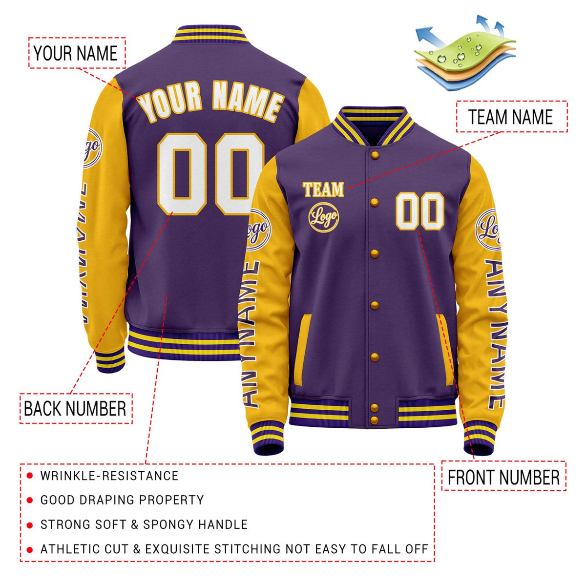 - Custom Purple & Gold Color Block Varsity Jacket | Personalized Letterman Bomber with Sleeve Text & Logo