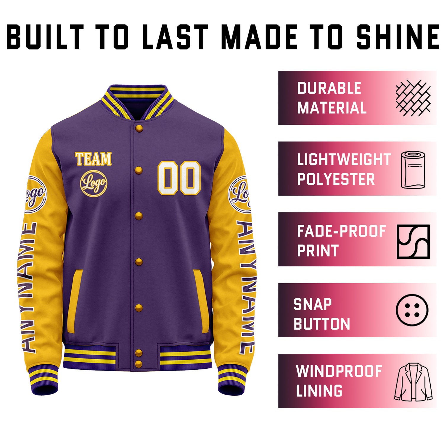- Custom Purple & Gold Color Block Varsity Jacket | Personalized Letterman Bomber with Sleeve Text & Logo