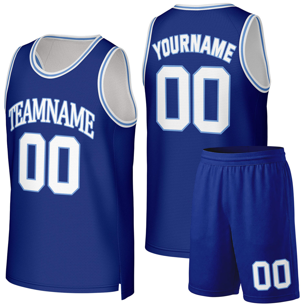 Basketball jersey and shorts set blue‑white by Vosoli, personalized team name, number & logo, quick‑dry mesh fabric for game‑ready team basketball outfits